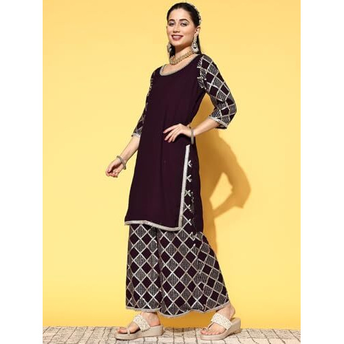 Libas Women's Poly Georgette Kurta Set (35051_Purple_L)