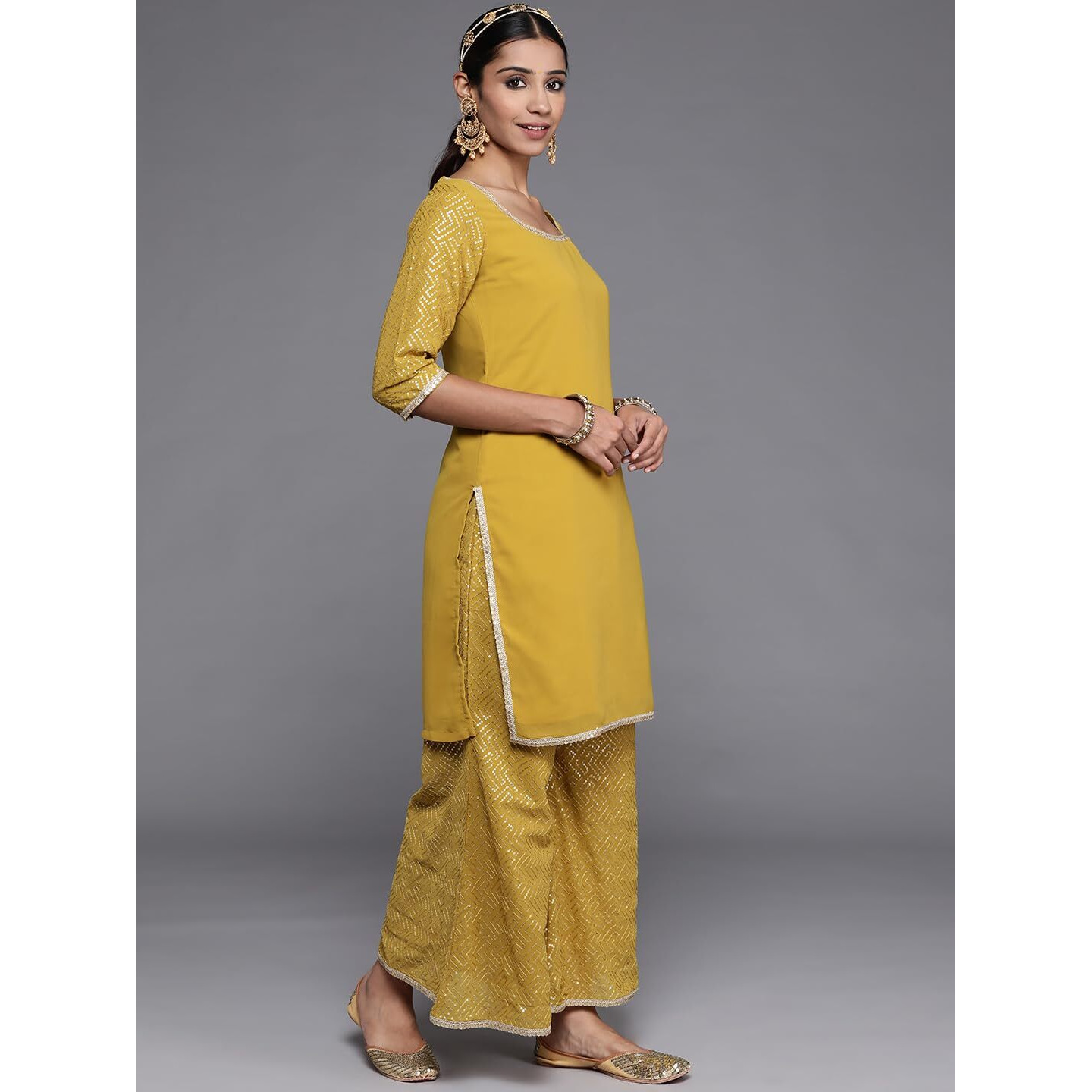 Libas Women's Poly Georgette Kurta Set (35053_Mustard