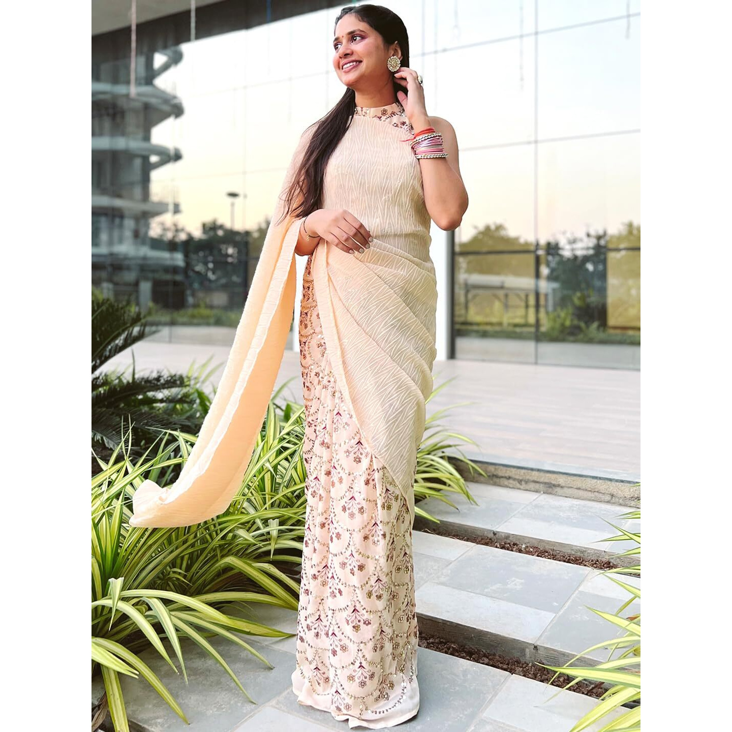 Libas Women's Georgette Saree (35002_Peach)
