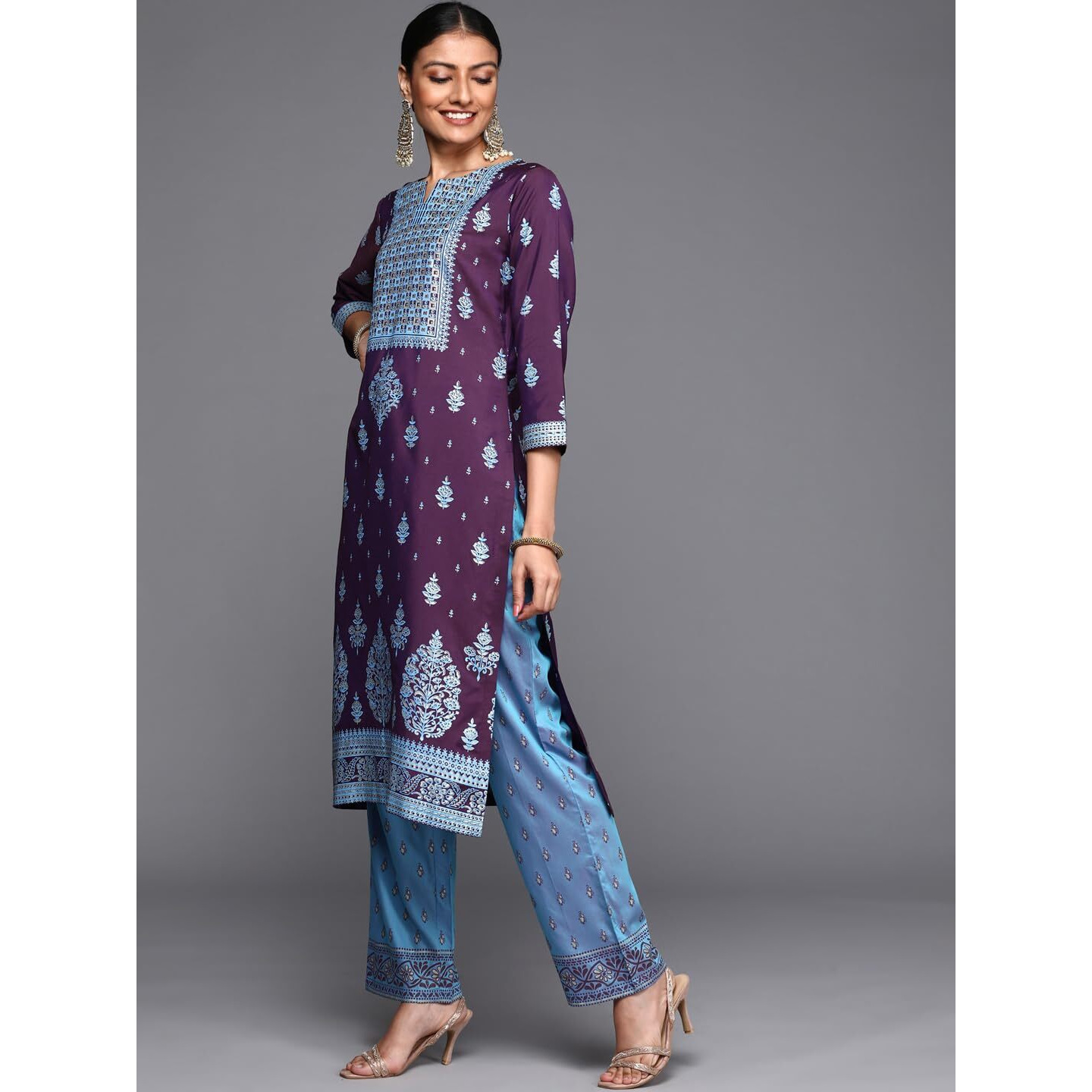 Libas Women's Silk Printed Straight Kurta (24005O_Purple