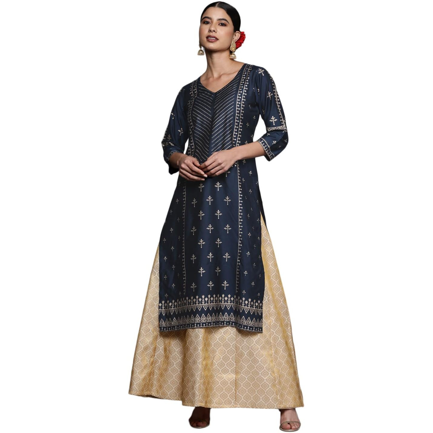 Libas Women's Silk Printed Straight Kurta (24032O_Navy Blue