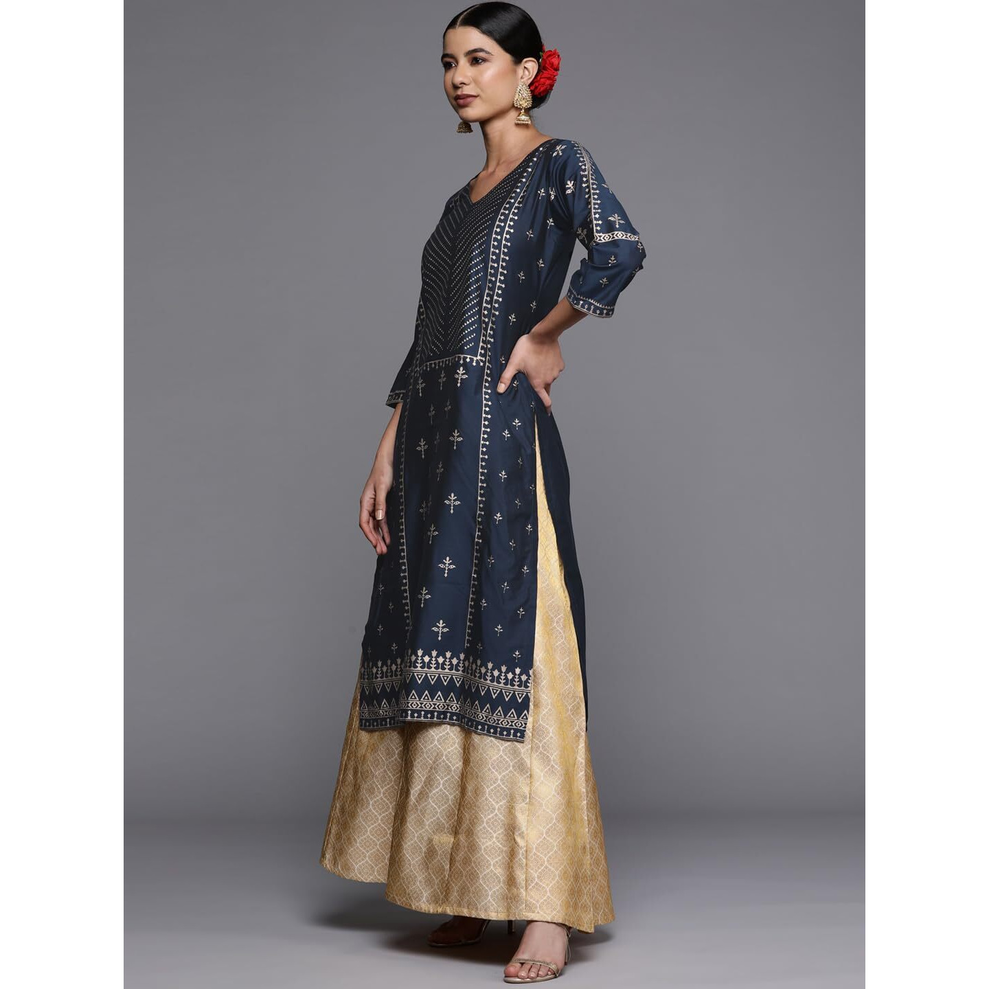 Libas Women's Silk Printed Straight Kurta (24032O_Navy Blue
