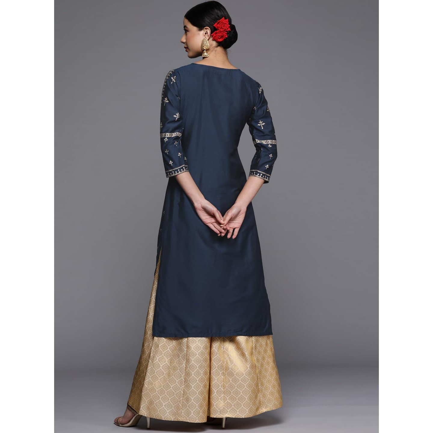 Libas Women's Silk Printed Straight Kurta (24032O_Navy Blue