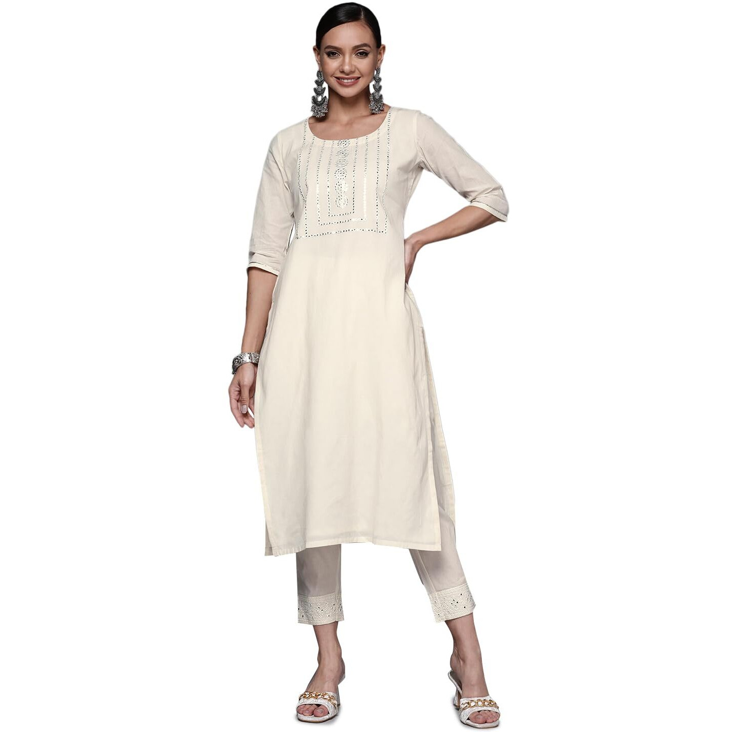Libas Women's Cotton Yoke Design Straight Kurta (24043O_Off White