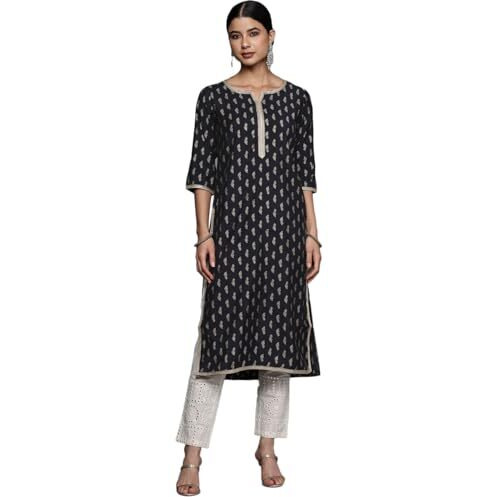 Libas Women's Silk Printed Straight Kurta (24078O_Navy Blue