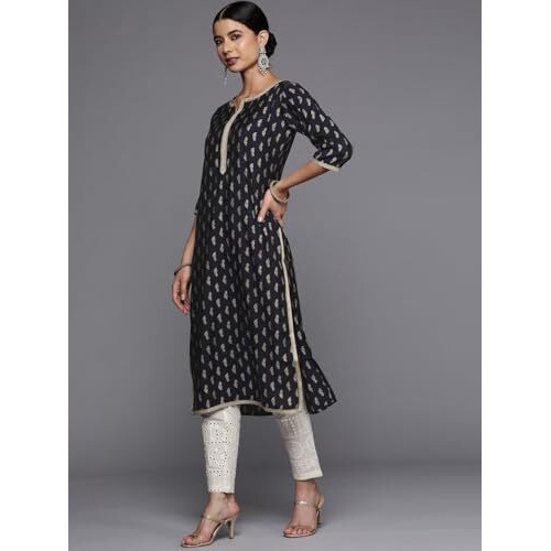Libas Women's Silk Printed Straight Kurta (24078O_Navy Blue