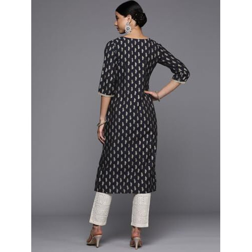 Libas Women's Silk Printed Straight Kurta (24078O_Navy Blue