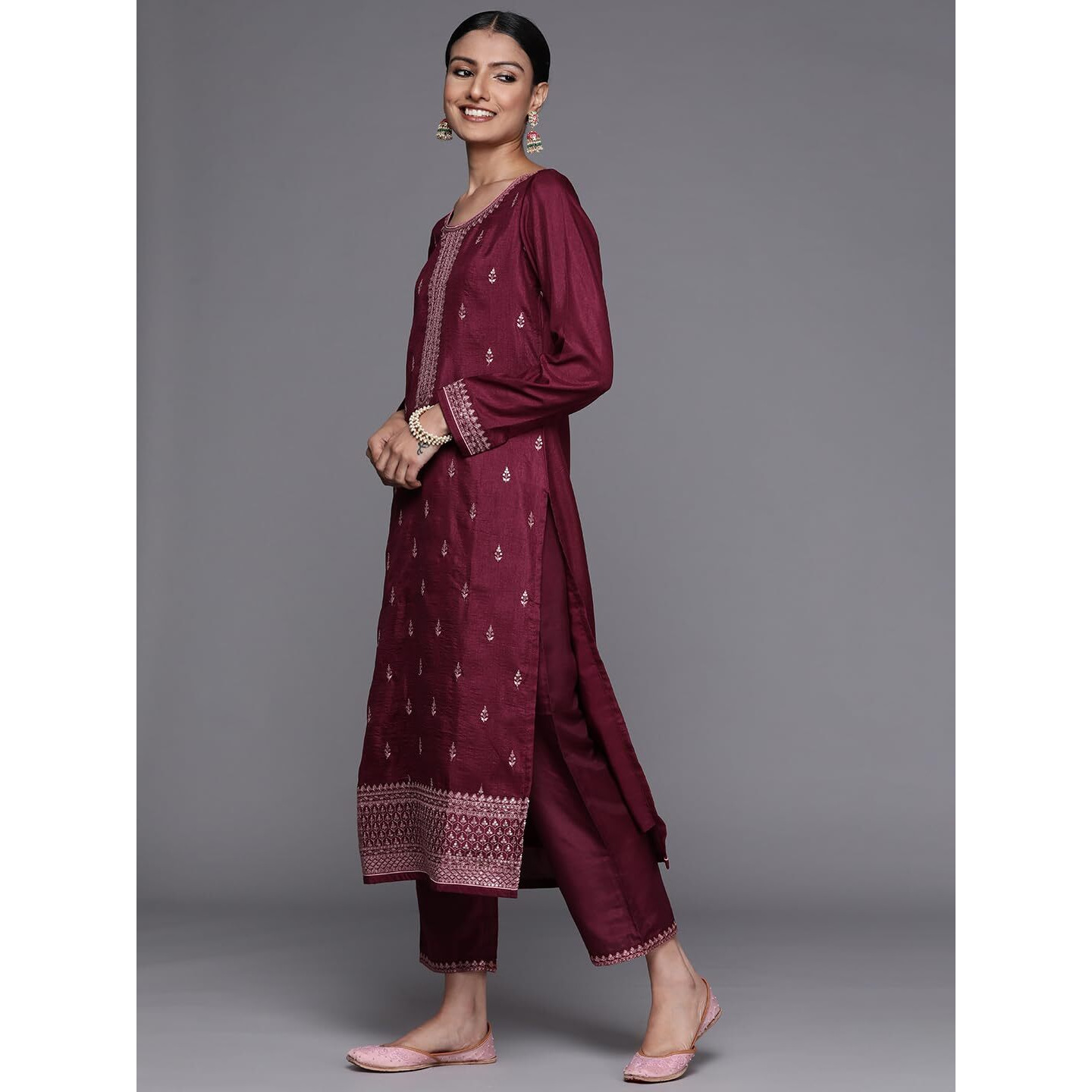 Libas Womens Embroidered Silk Blend Straight Kurta With Trousers And Dupatta