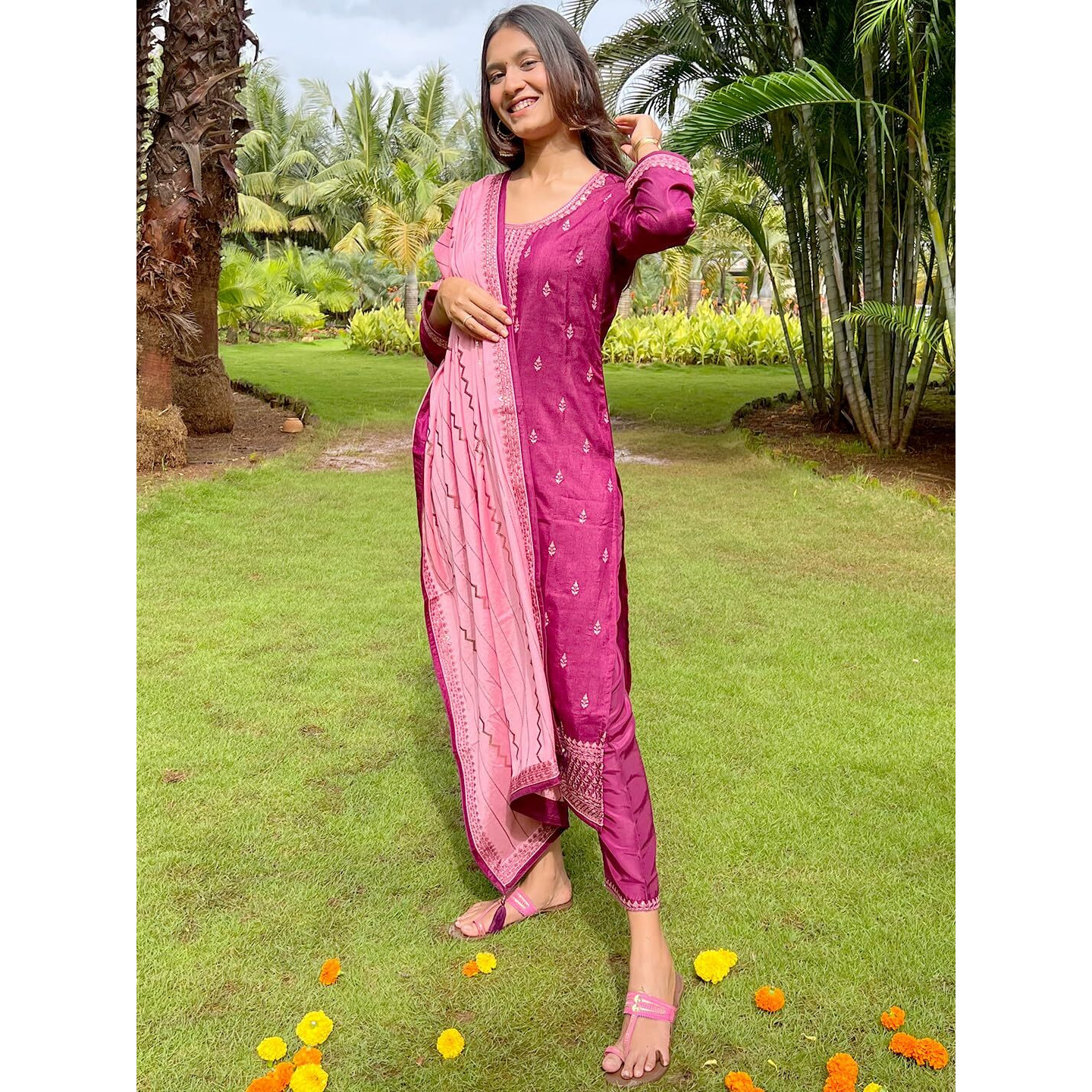 Libas Womens Embroidered Silk Blend Straight Kurta With Trousers And Dupatta