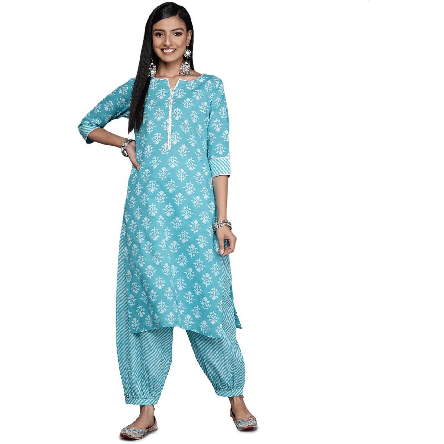 Libas Women's Cotton Printed Straight Kurta (24118O_Blue