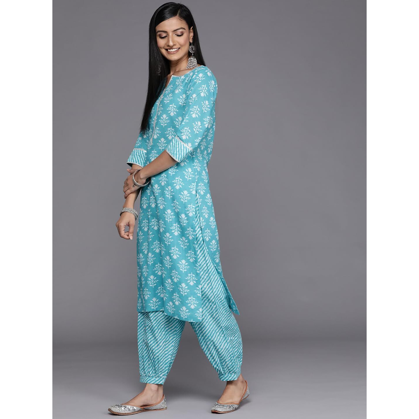 Libas Women's Cotton Printed Straight Kurta (24118O_Blue