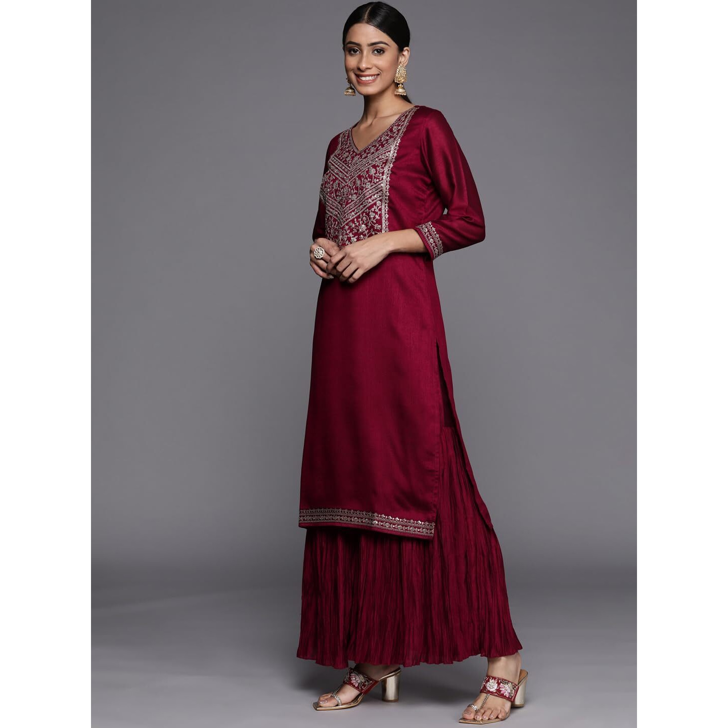 Libas Women's Silk Blend Kurta Sets (33566O_Fuchsia