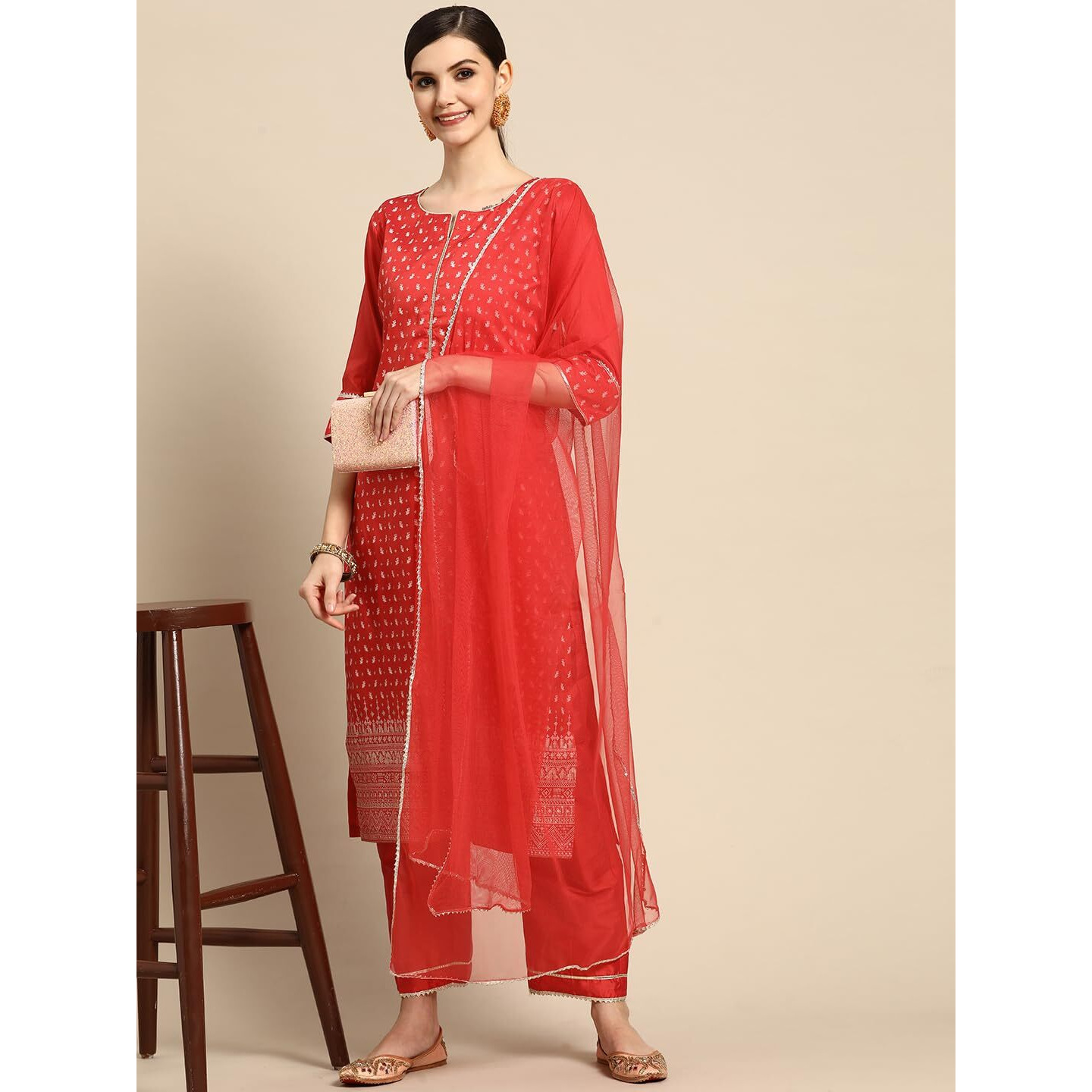 Libas Women's Silk Blend Salwar Suit Set (Gs760_Red_M)