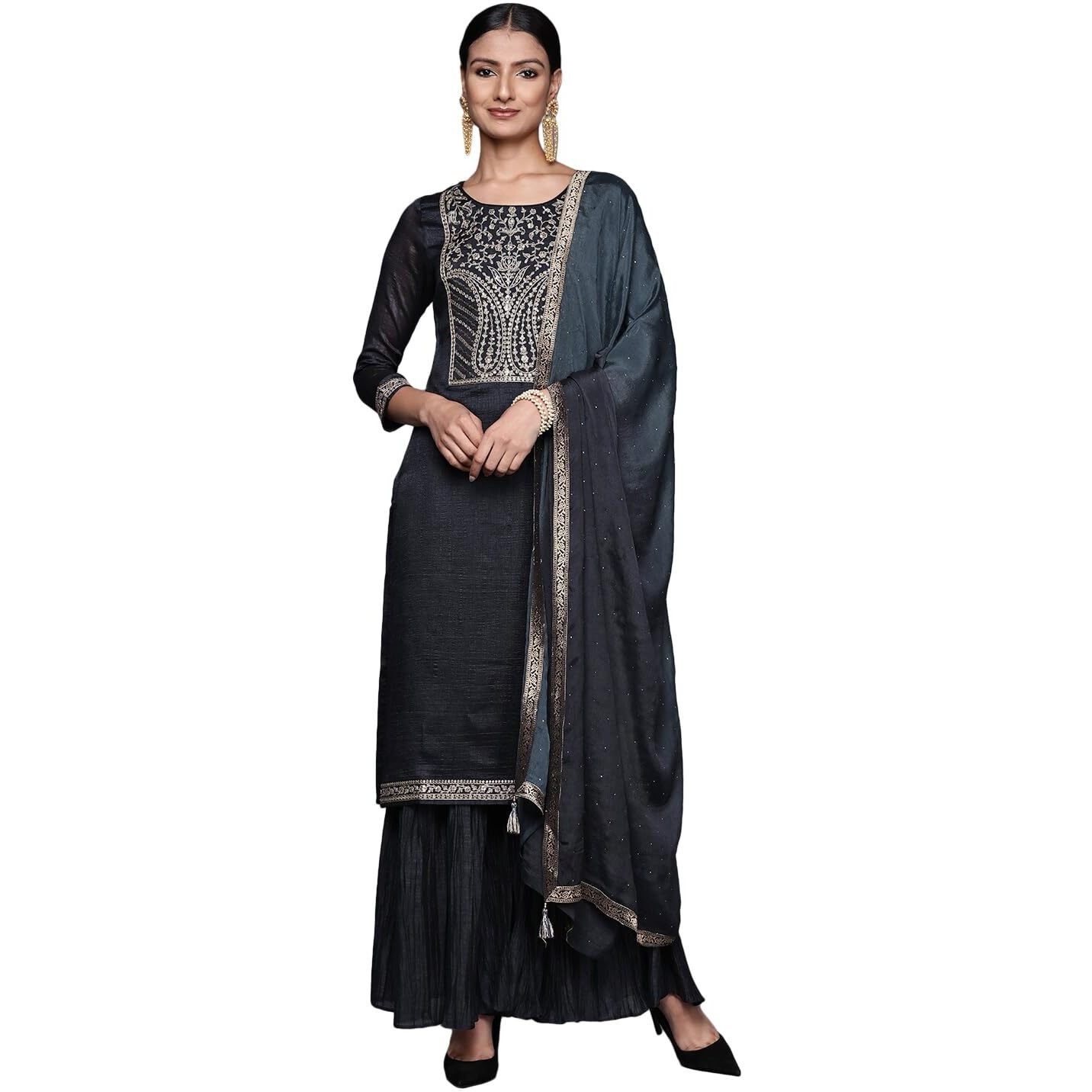 Libas Women's Silk Blend Kurta Set (33569O_Charcoal