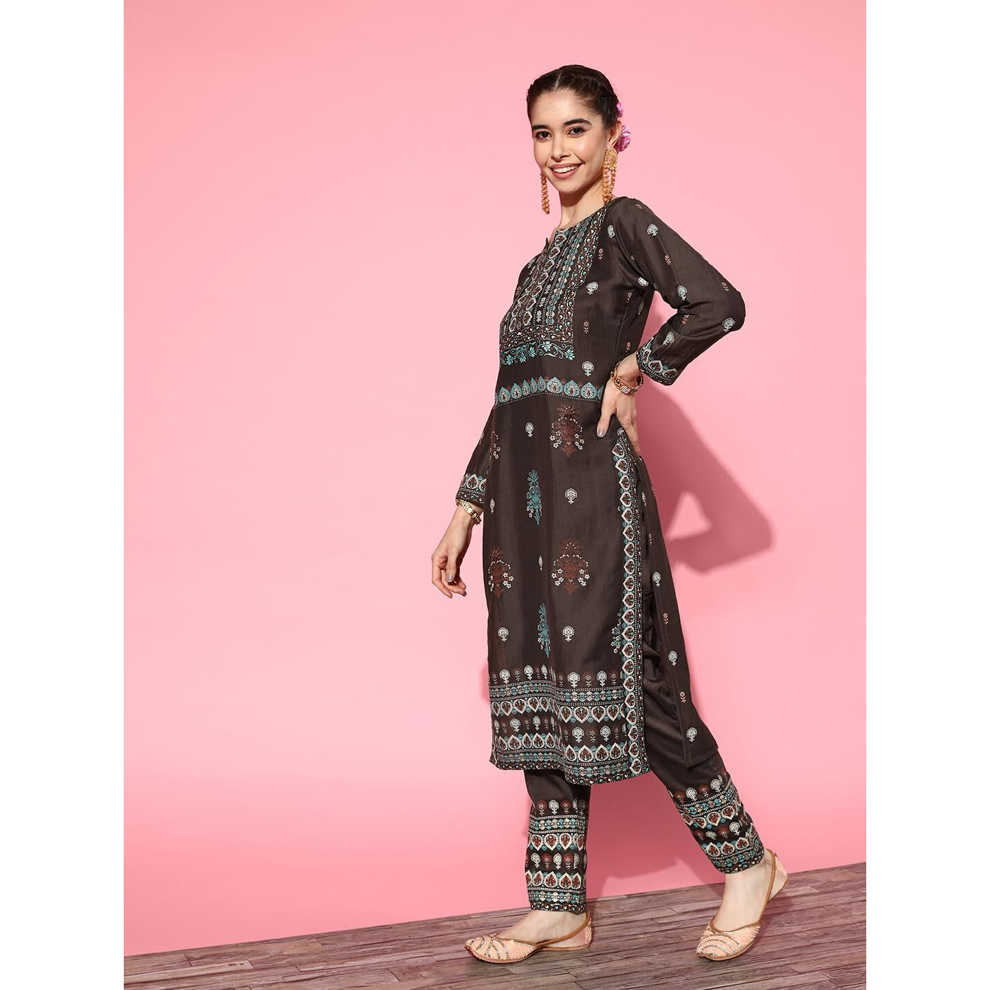 Libas Women's Silk Blend Printed Kurta Set (34152O_Charcoal_S)