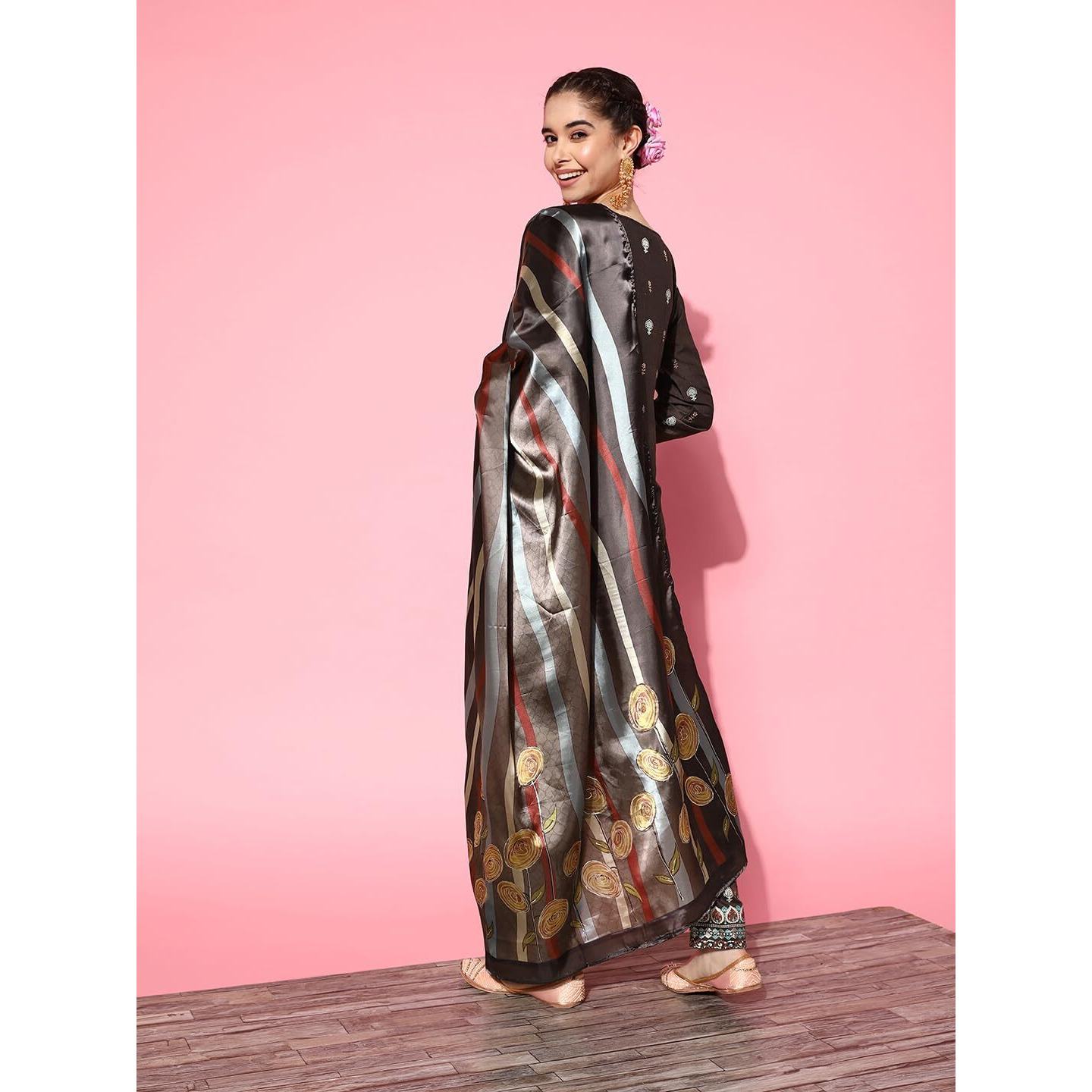 Libas Women's Silk Blend Printed Kurta Set (34152O_Charcoal_S)
