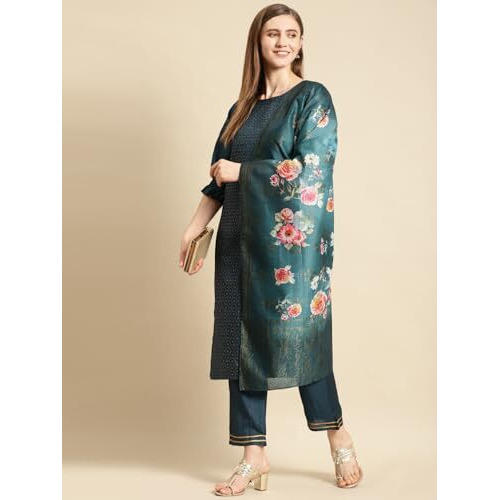 Libas Women's Silk Blend Printed Kurta Set (Gs723 Teal