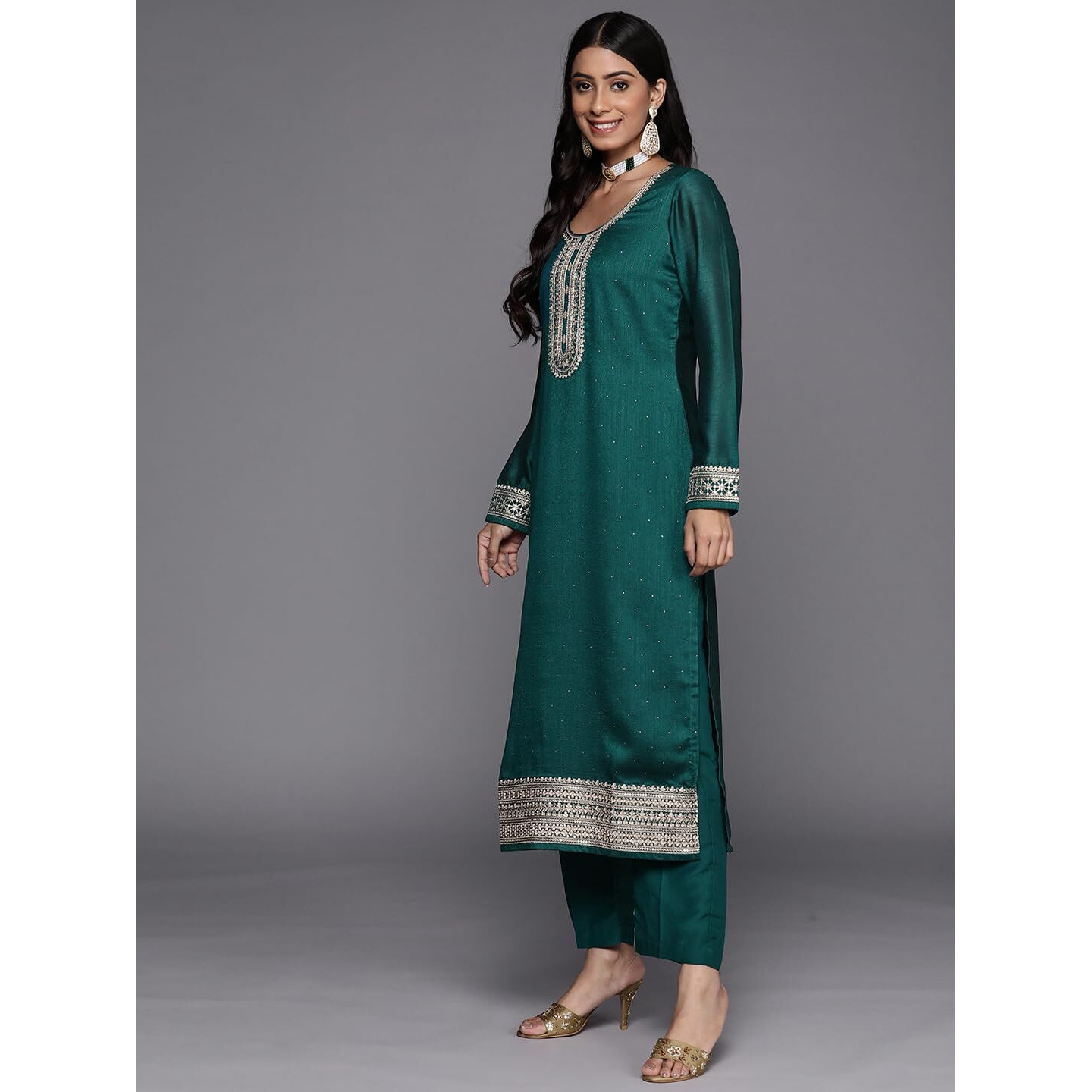 Libas Womens Embroidered Silk Blend Straight Kurta With Trousers And Dupatta