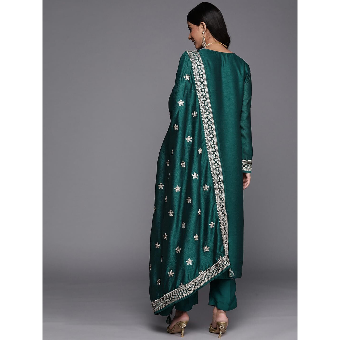 Libas Womens Embroidered Silk Blend Straight Kurta With Trousers And Dupatta