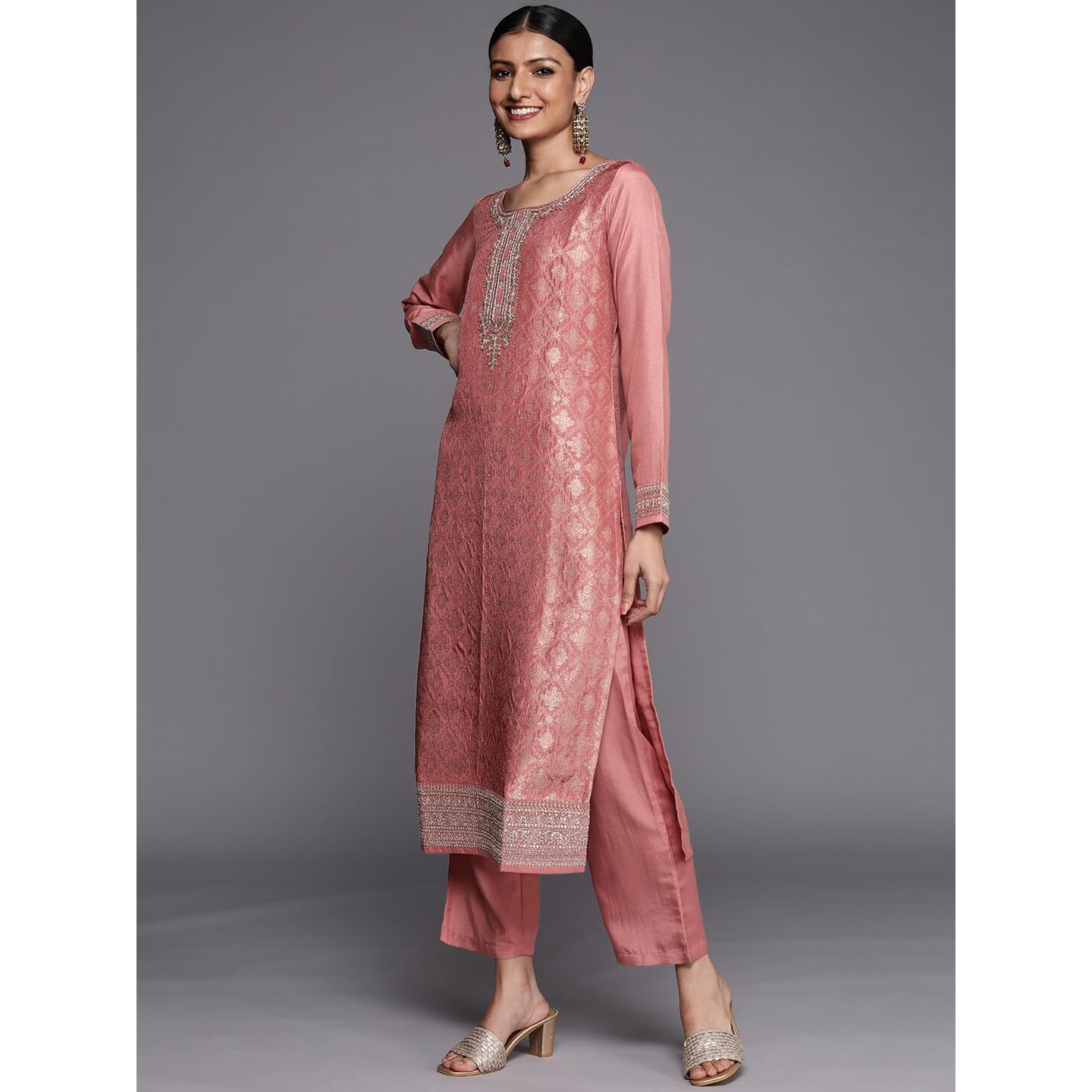 Libas Women's Silk Blend Kurta Sets (33549O_Peach_L)