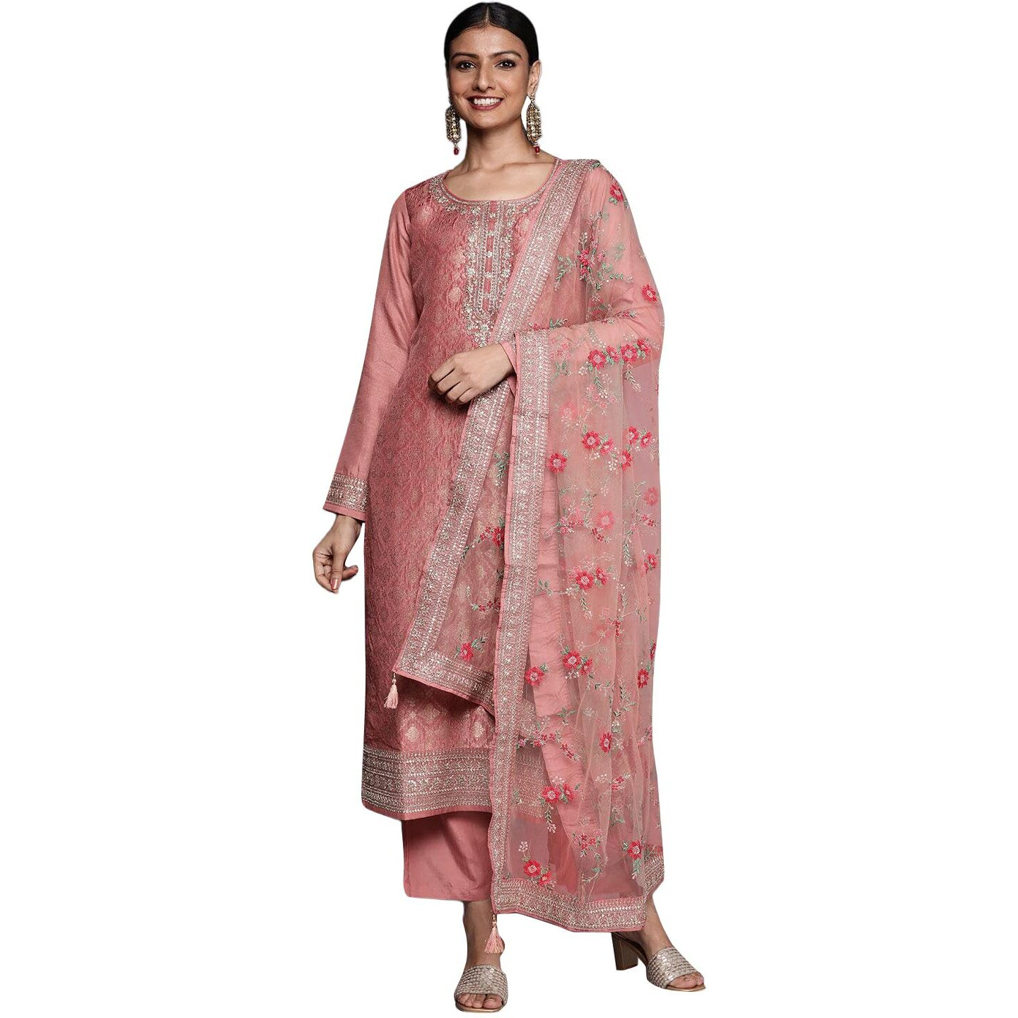 Libas Women's Silk Blend Kurta Sets (33549O_Peach_Xl)