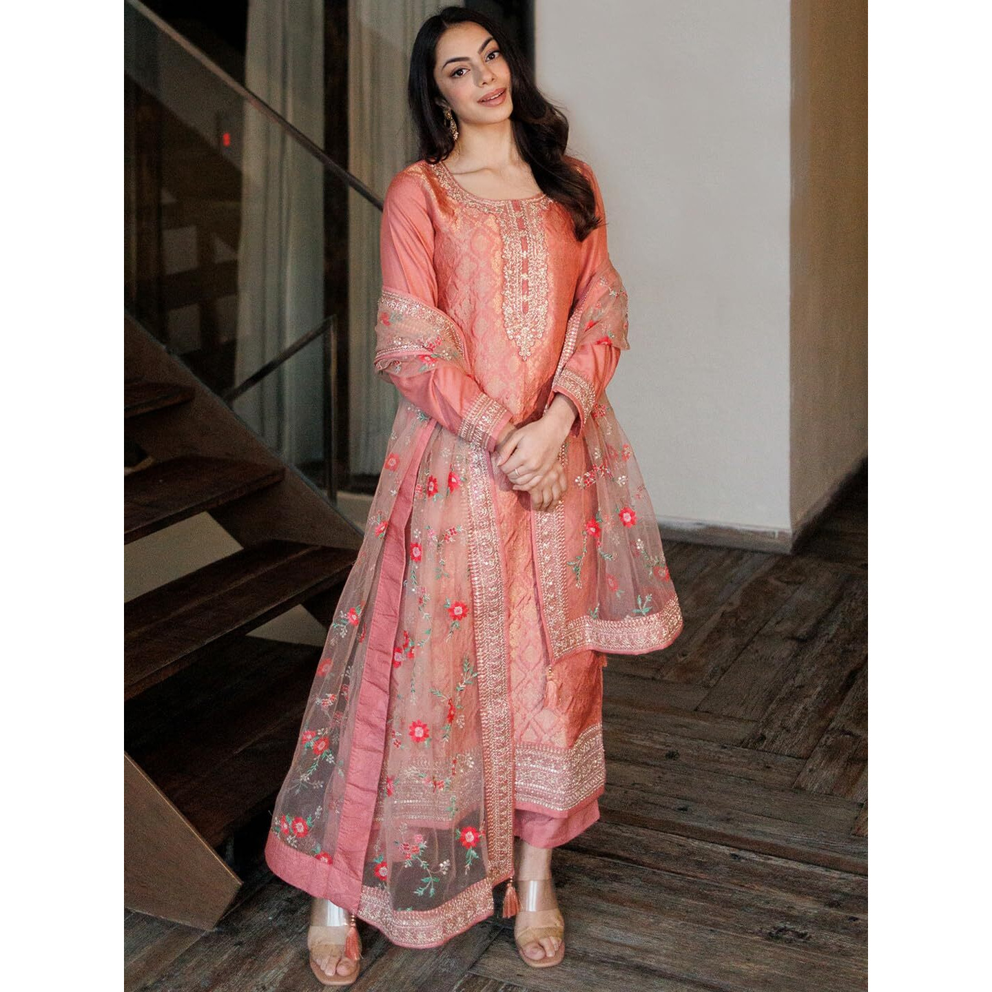 Libas Women's Silk Blend Kurta Sets (33549O_Peach_Xl)