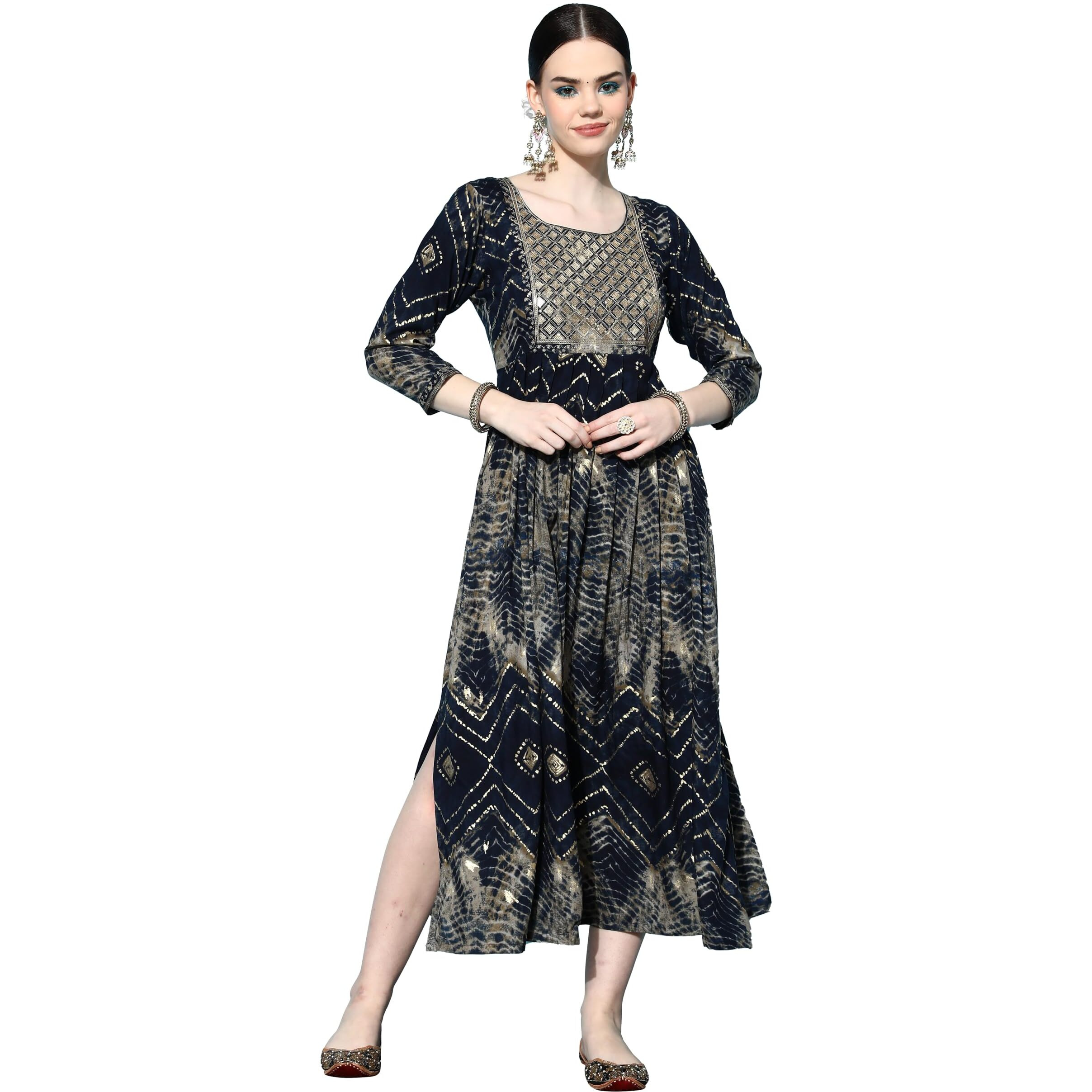 Libas Women's Viscose Rayon Fit And Flare Maxi Casual Dress (23739O_Navy Blue