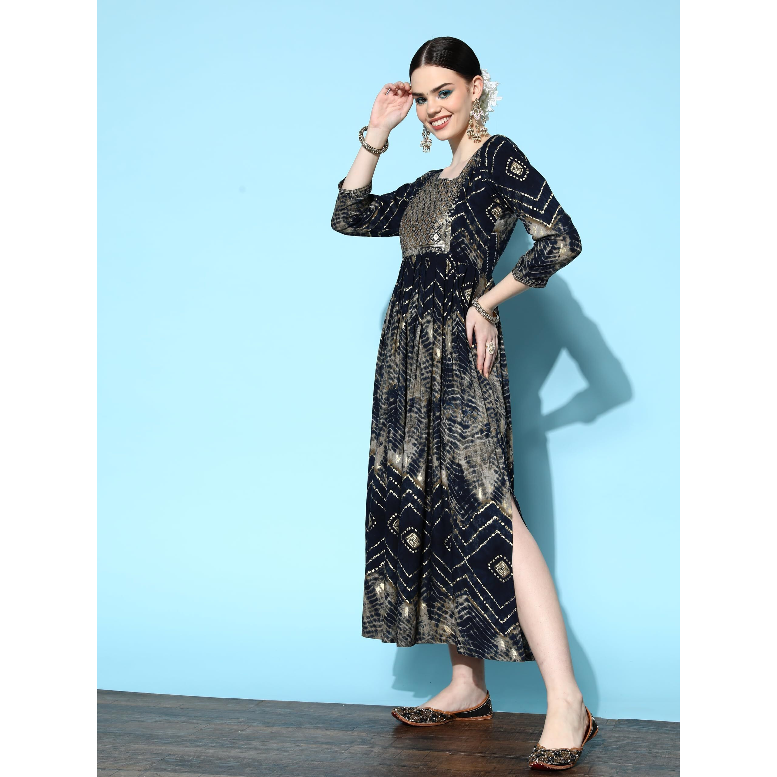 Libas Women's Viscose Rayon Fit And Flare Maxi Casual Dress (23739O_Navy Blue