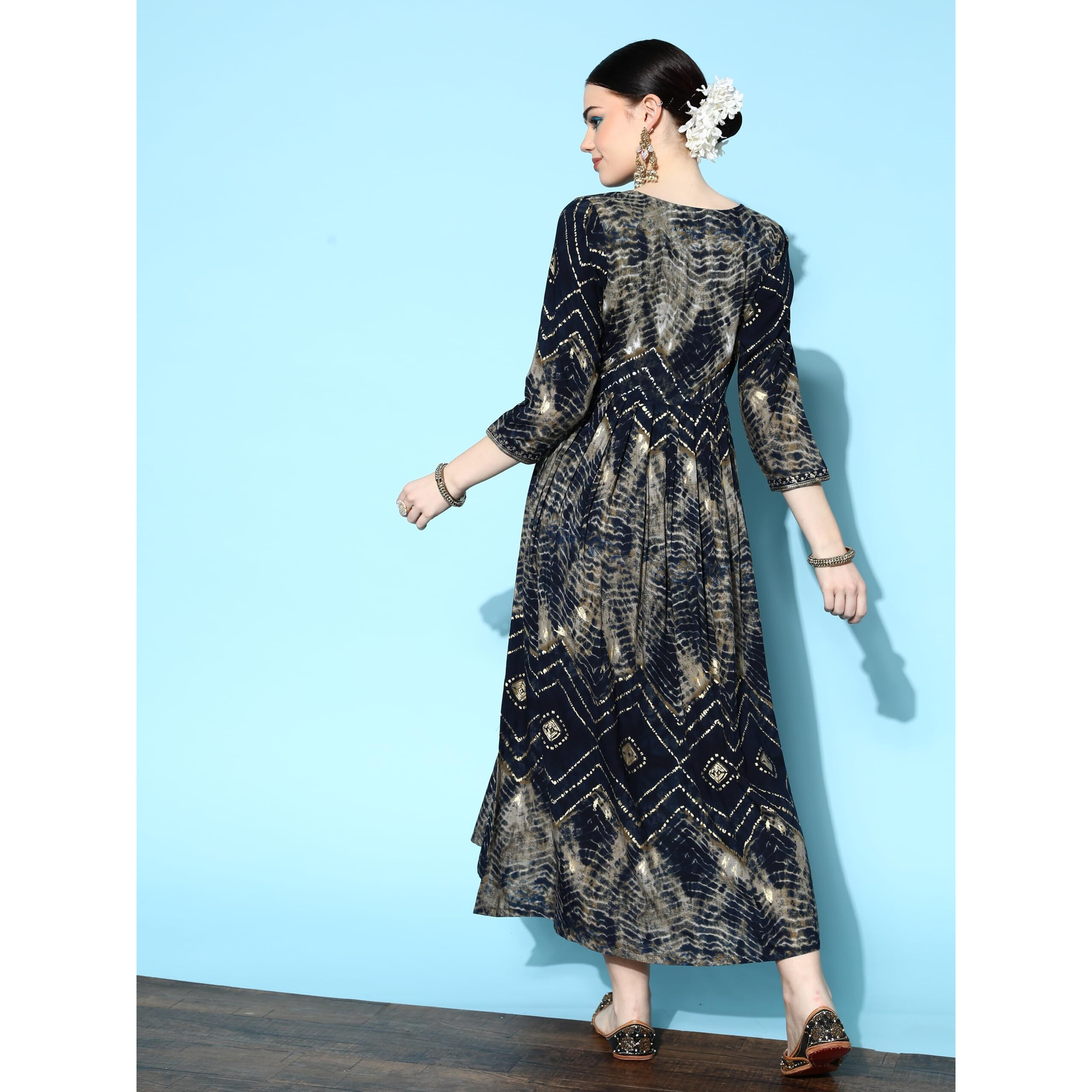 Libas Women's Viscose Rayon Fit And Flare Maxi Casual Dress (23739O_Navy Blue