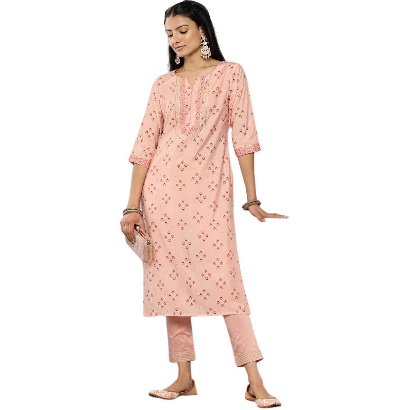 Libas Women's Silk Printed Straight Kurta (26248_Peach