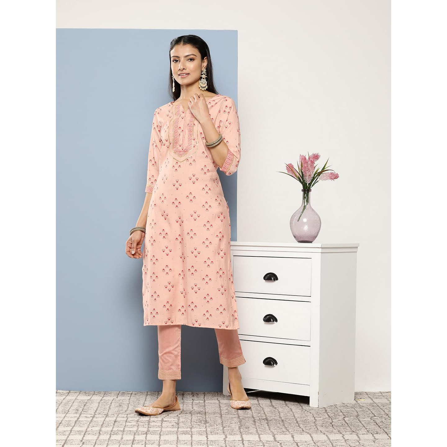 Libas Women's Silk Printed Straight Kurta (26248_Peach