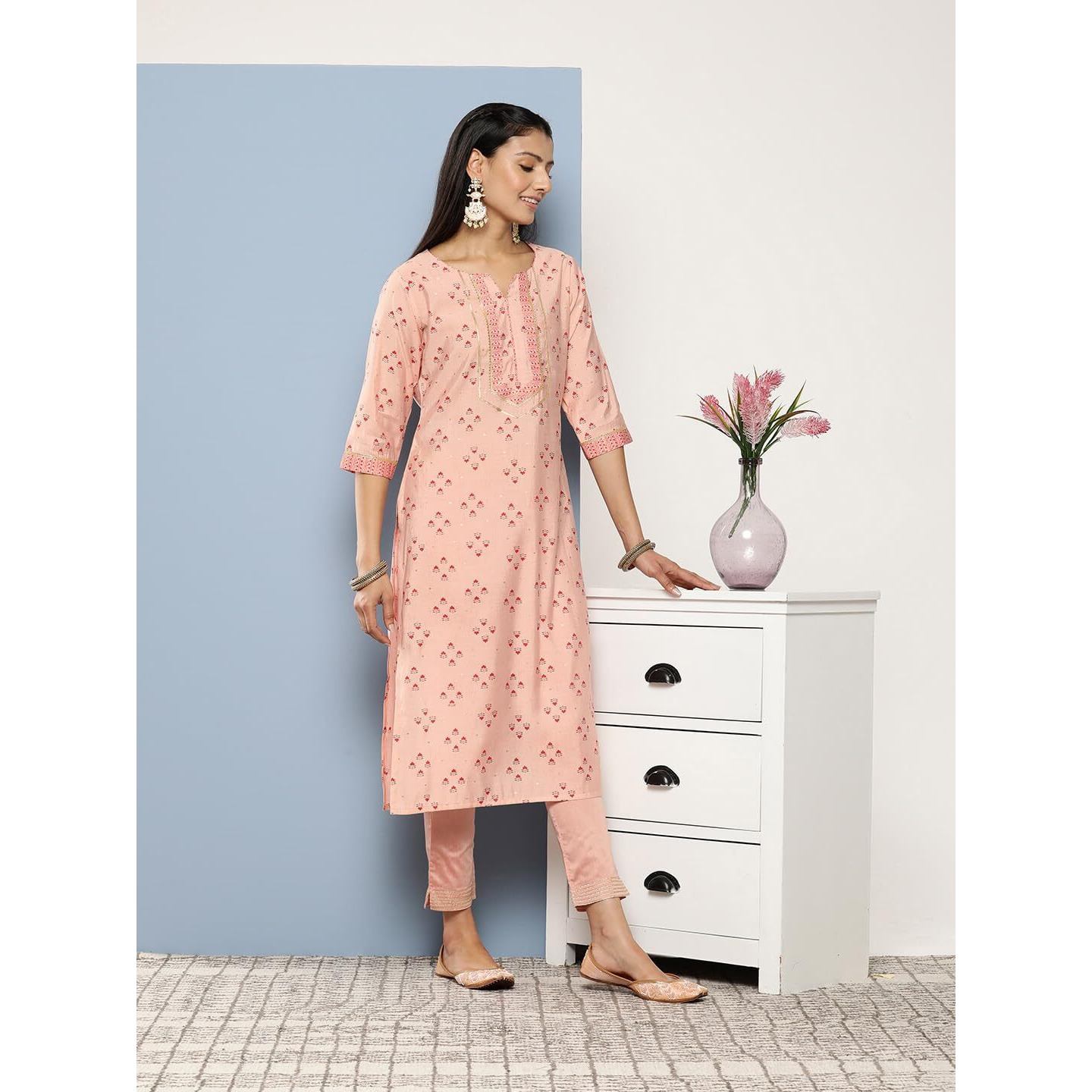 Libas Women's Silk Printed Straight Kurta (26248_Peach