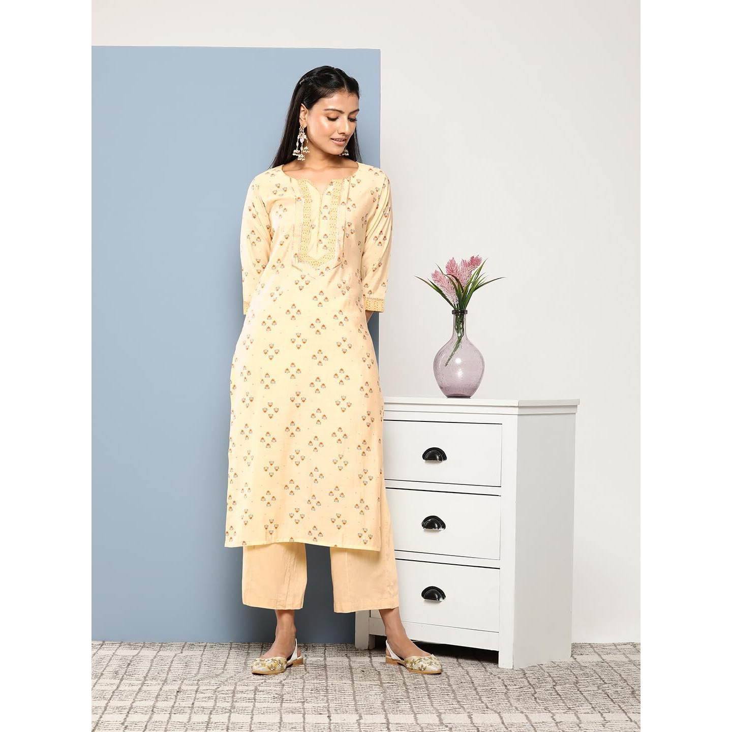 Libas Women's Silk Printed Straight Kurta (26250_Yellow