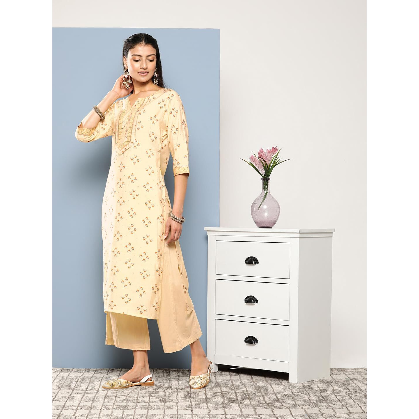 Libas Women's Silk Printed Straight Kurta (26250_Yellow