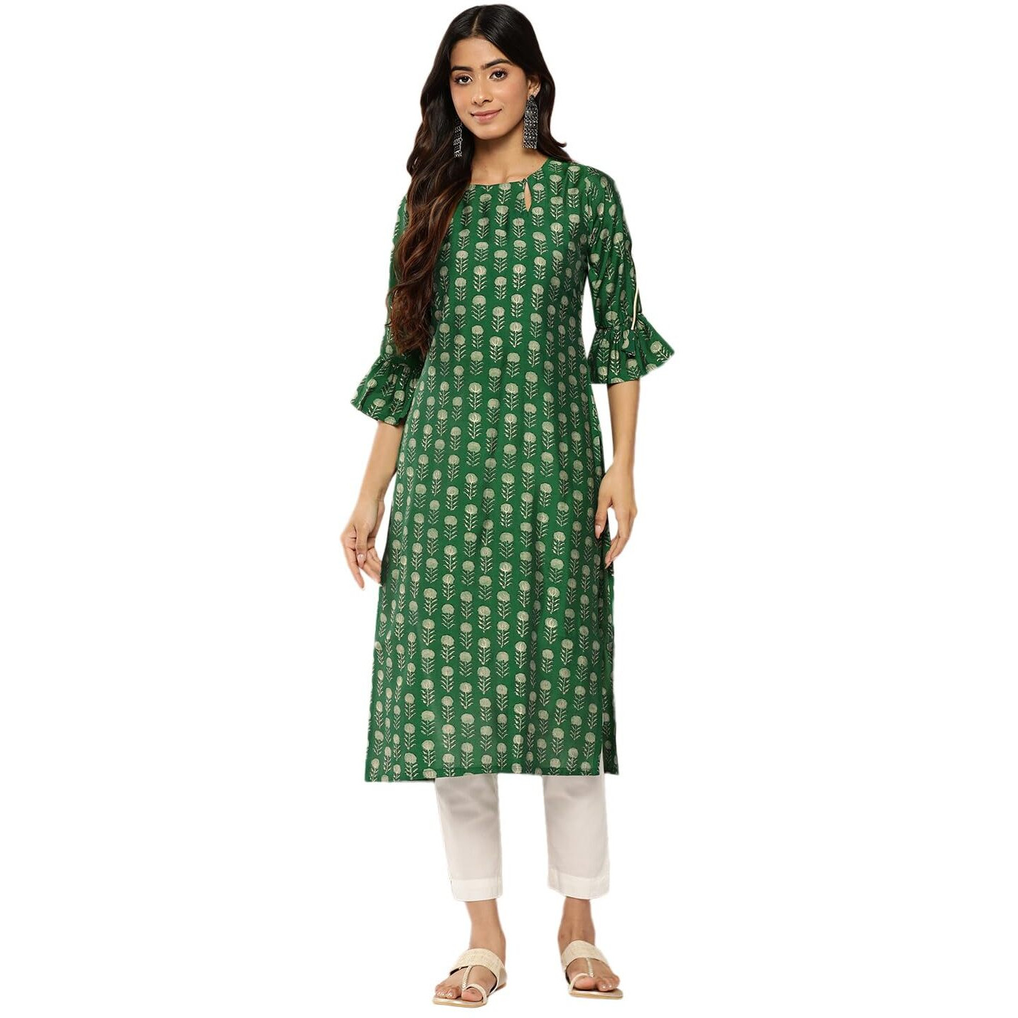 Libas Women's Silk Printed Straight Kurta (26230_Green