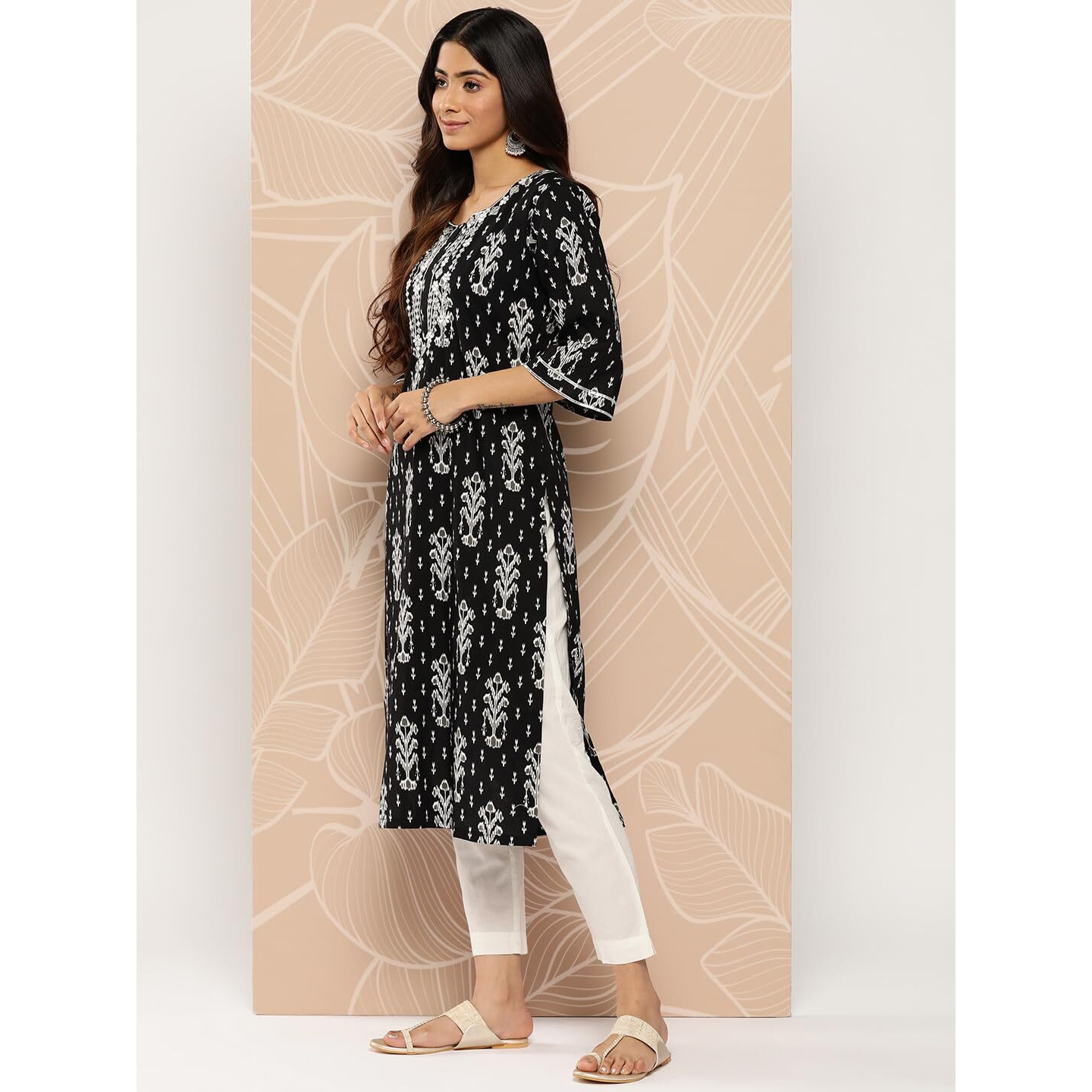 Libas Women's Cotton Embellished Straight Kurta (26185_Black
