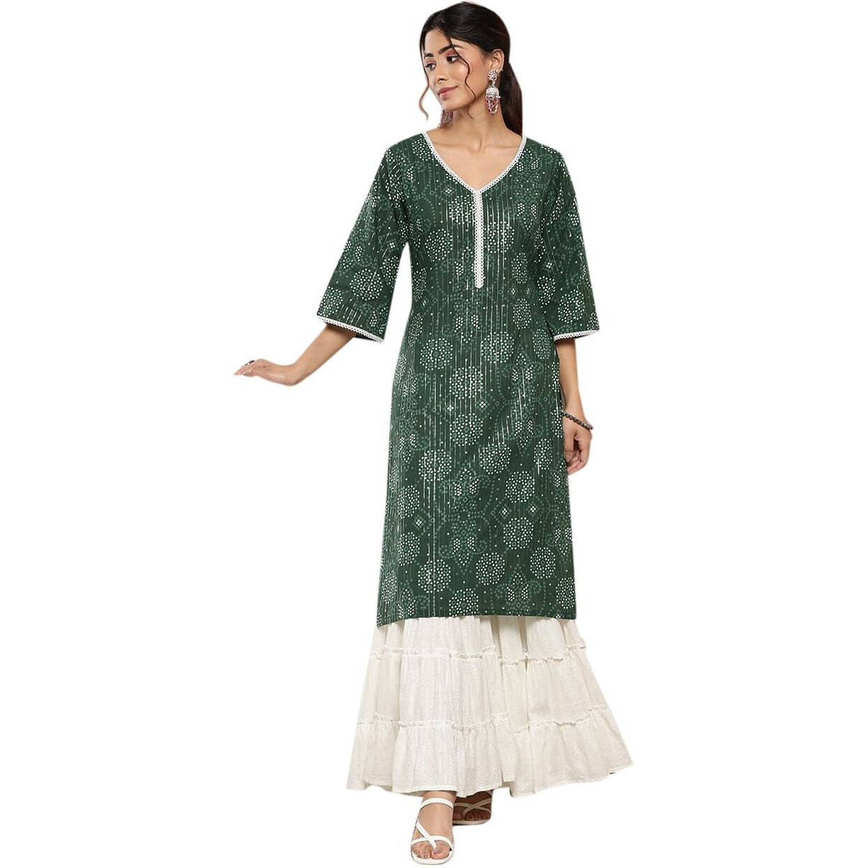 Libas Women's Cotton Printed Straight Kurta (26195_Green