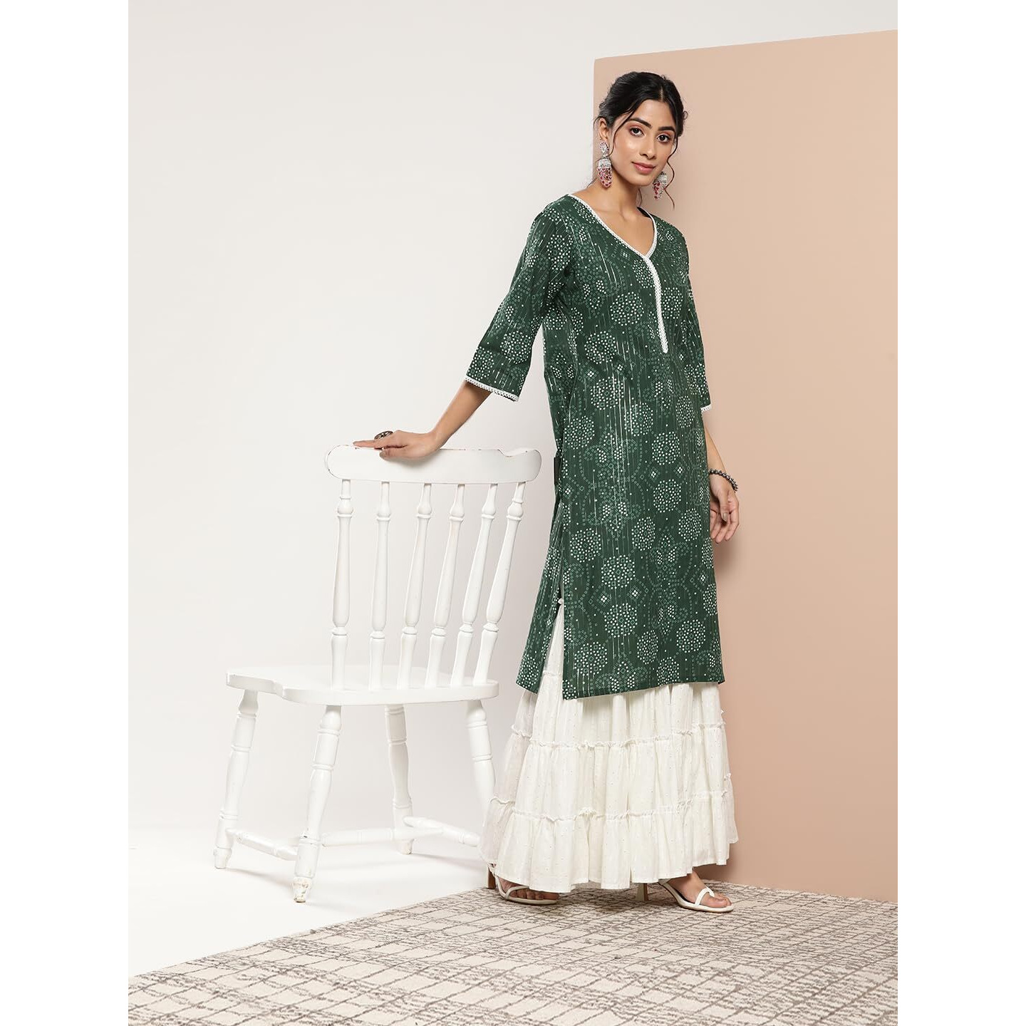 Libas Women's Cotton Printed Straight Kurta (26195_Green
