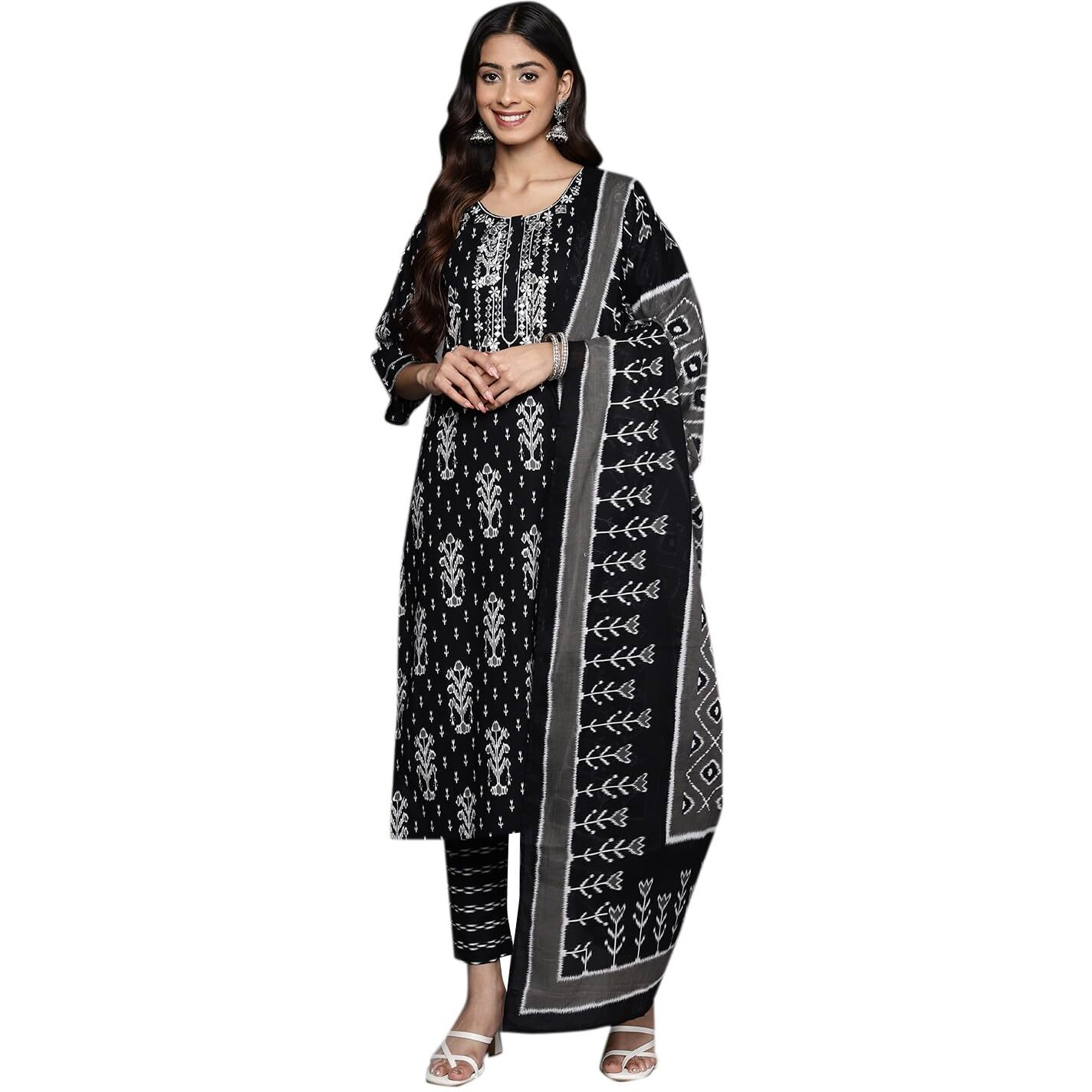 Libas Womens Printed Cotton Straight Kurta With Trousers And Dupatta