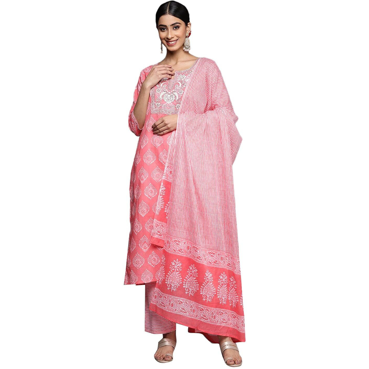 Libas Womens Yoke Design Cotton Straight Kurta With Trousers And Dupatta