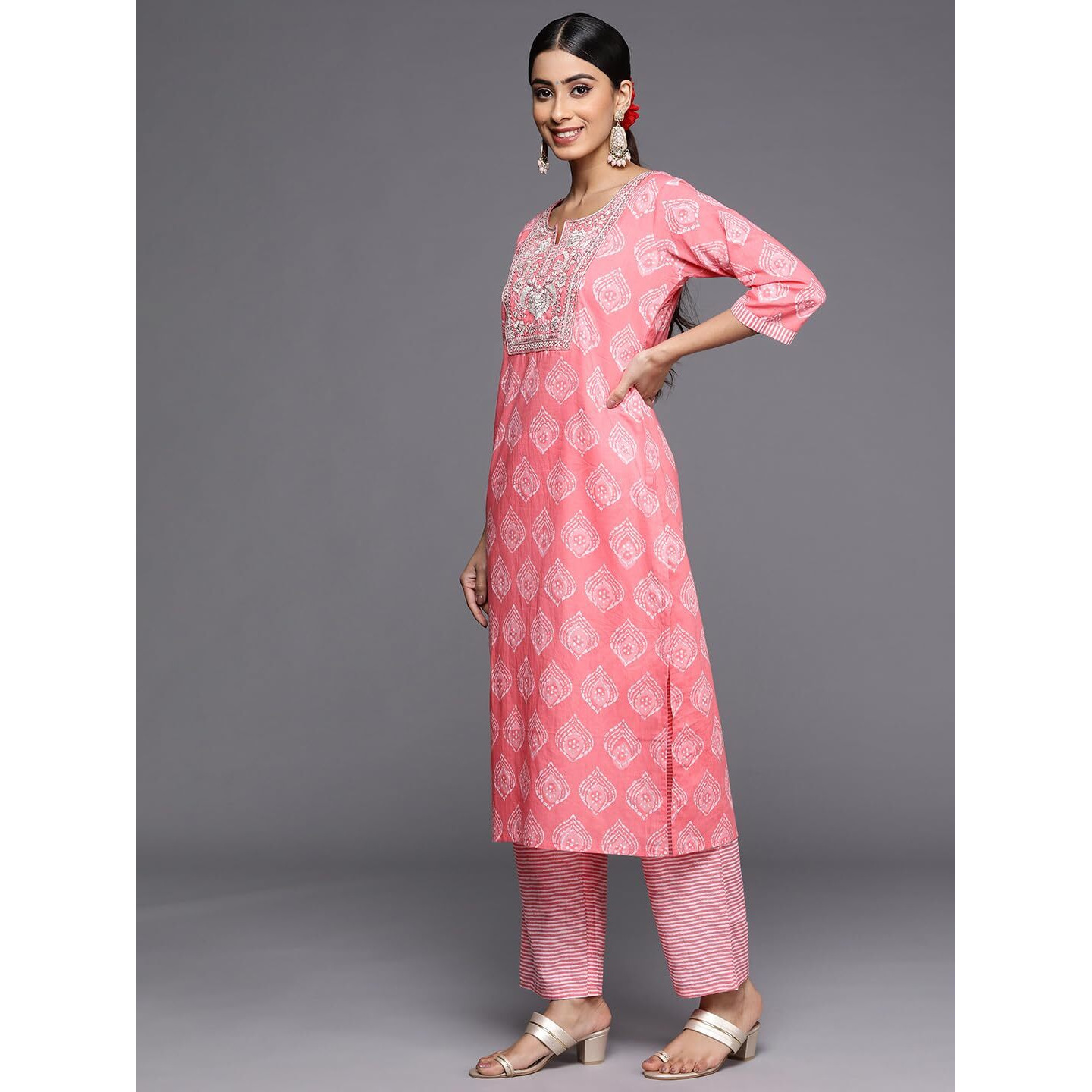 Libas Womens Yoke Design Cotton Straight Kurta With Trousers And Dupatta