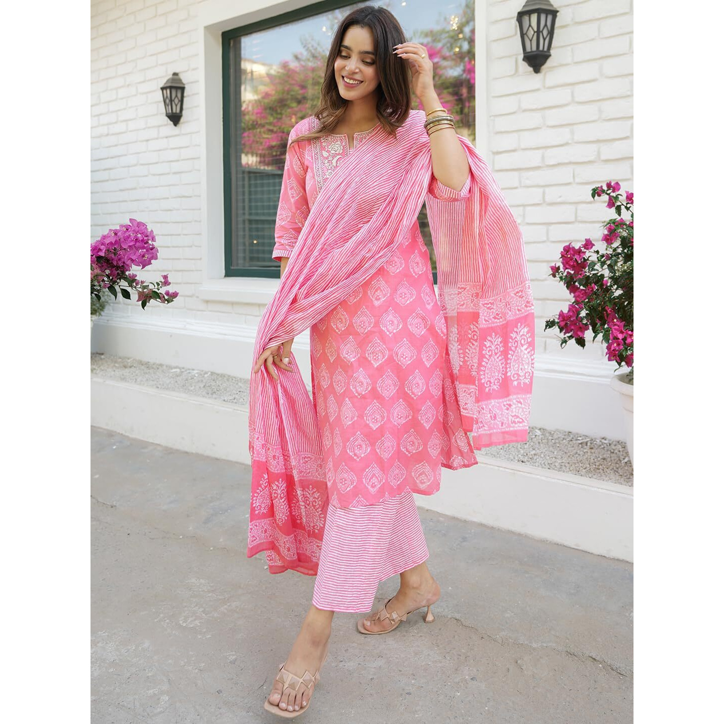 Libas Womens Yoke Design Cotton Straight Kurta With Trousers And Dupatta