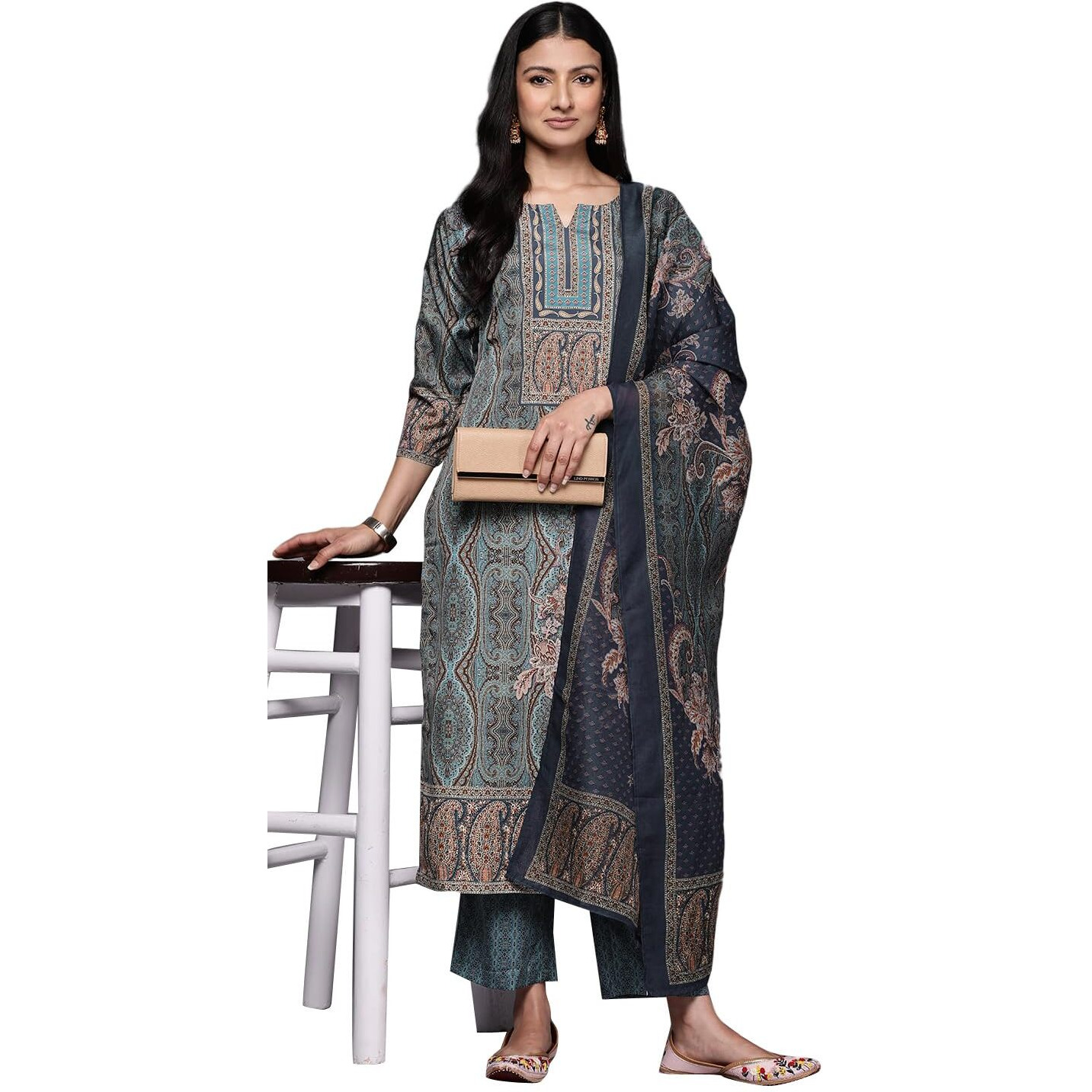Libas Womens Printed Crepe Straight Kurta With Trousers And Dupatta