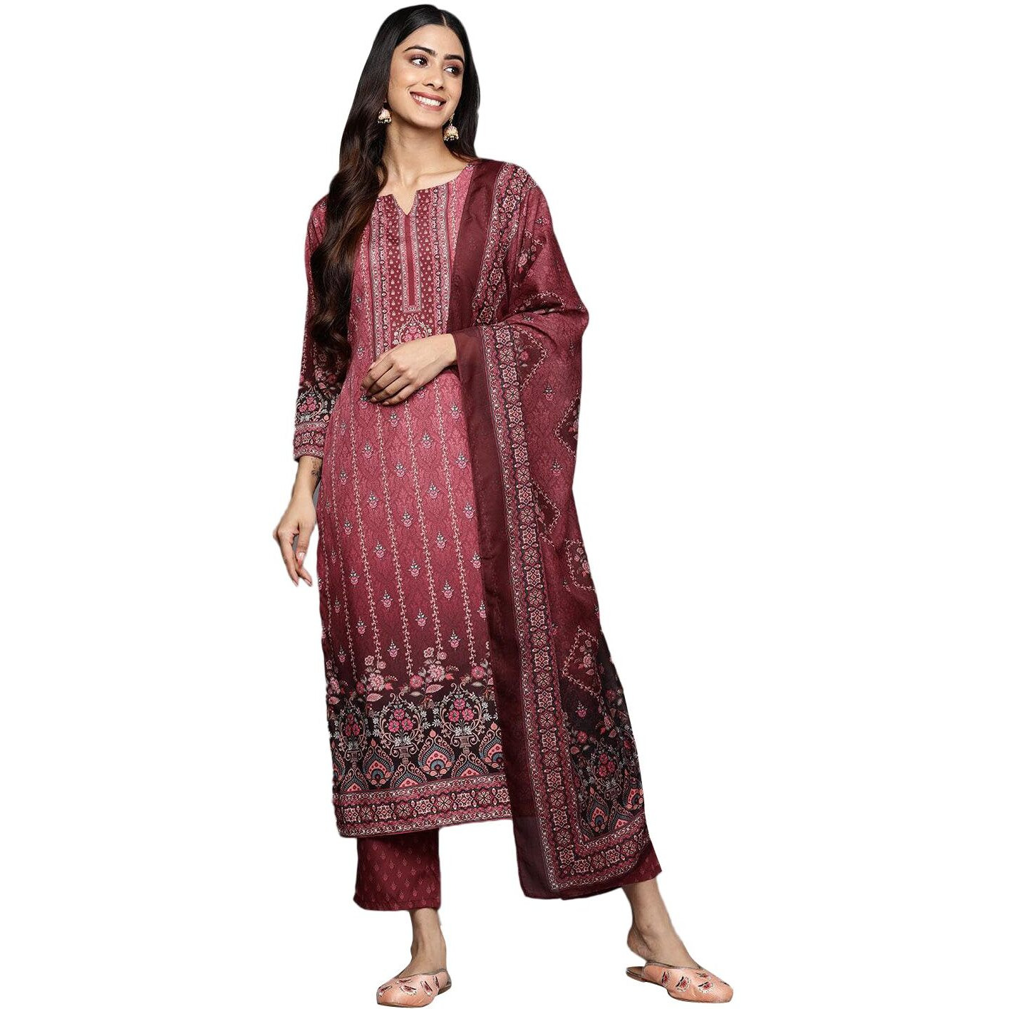 Libas Womens Printed Crepe Straight Kurta With Trousers And Dupatta