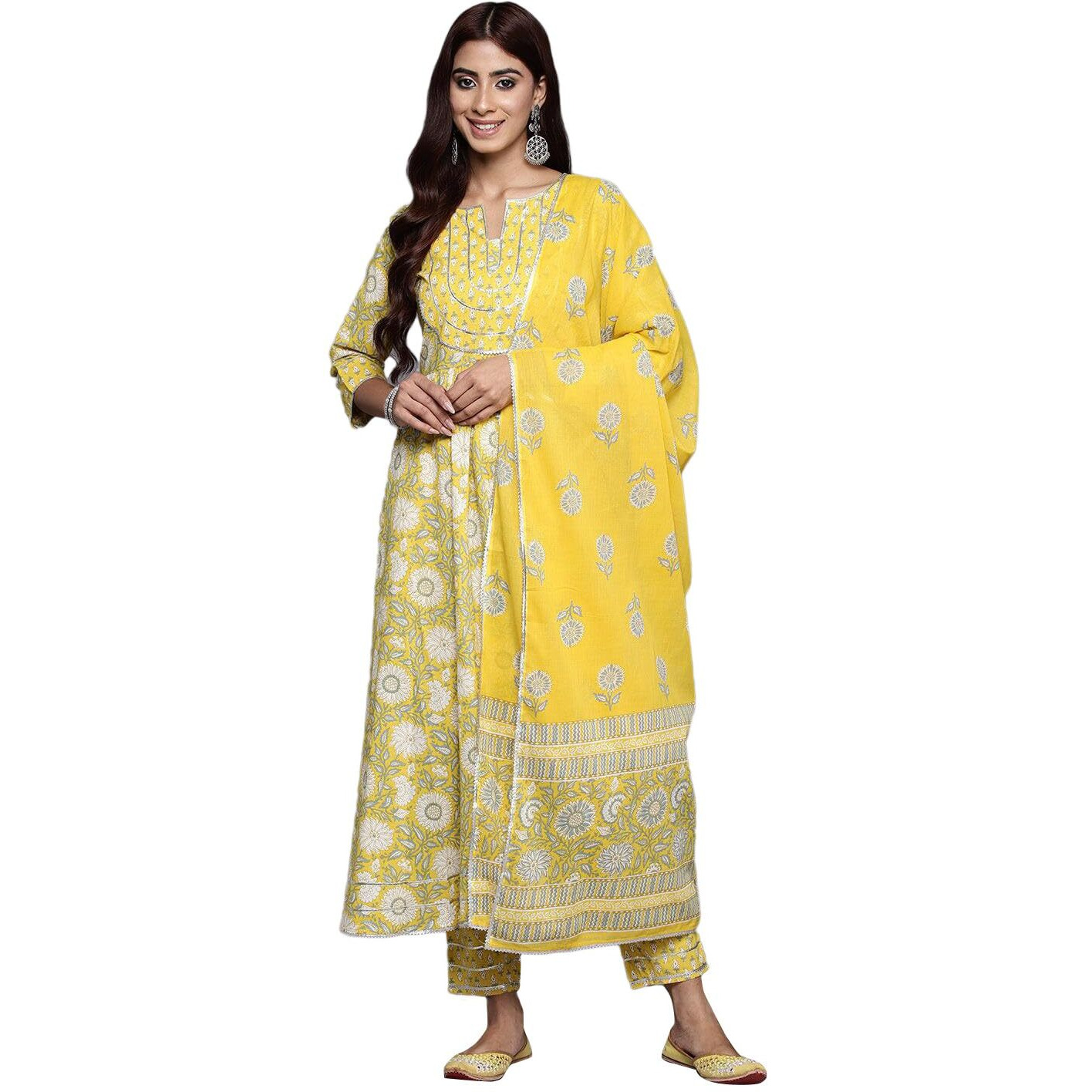 Libas Women's Pure Cotton Kurta Sets (34235_Yellow_M)
