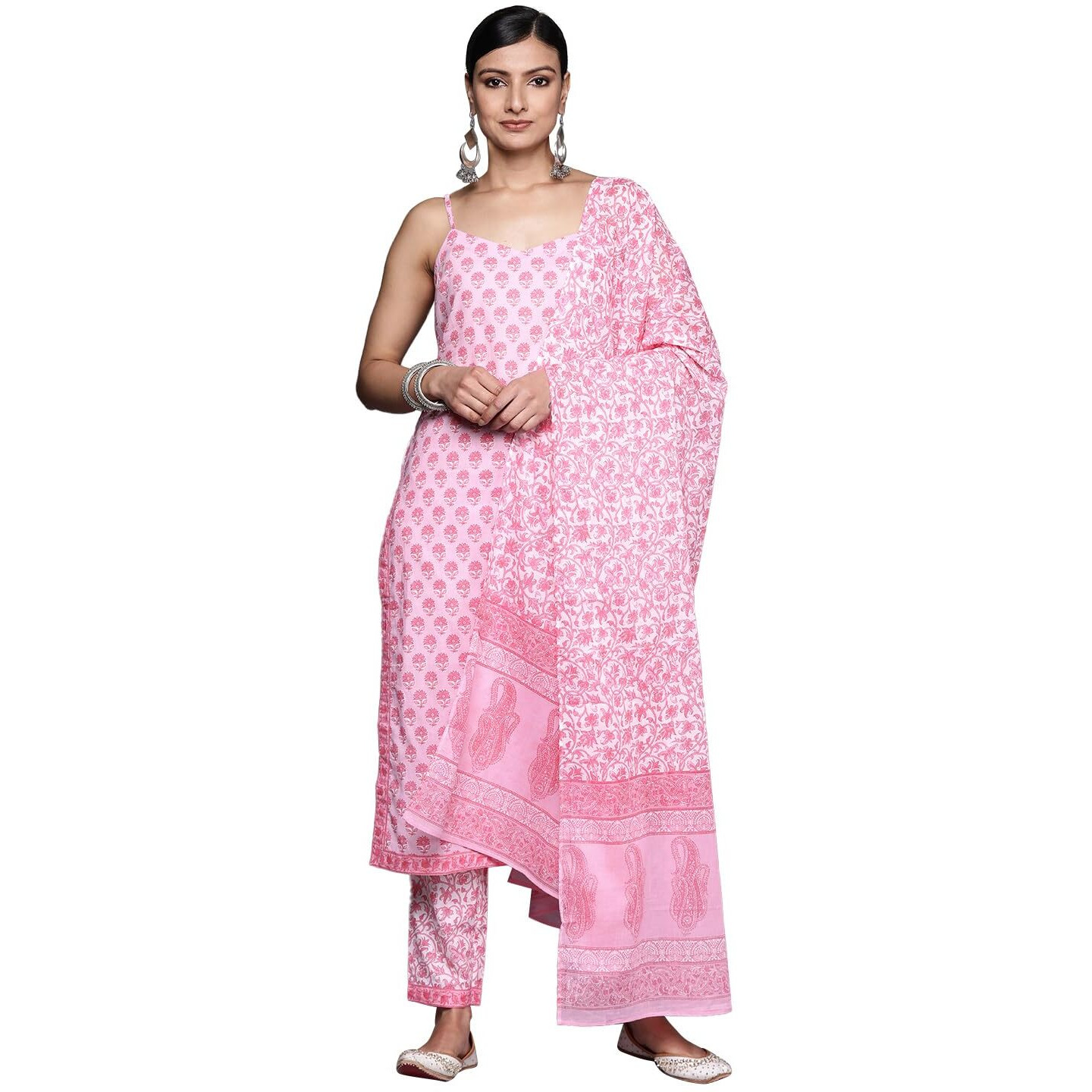 Libas Womens Printed Cotton Straight Kurta With Trousers And Dupatta