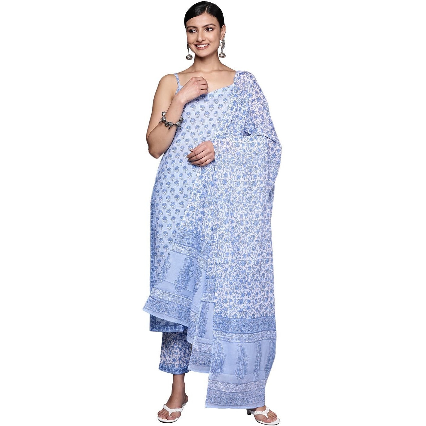 Libas Womens Printed Cotton Straight Kurta With Trousers And Dupatta