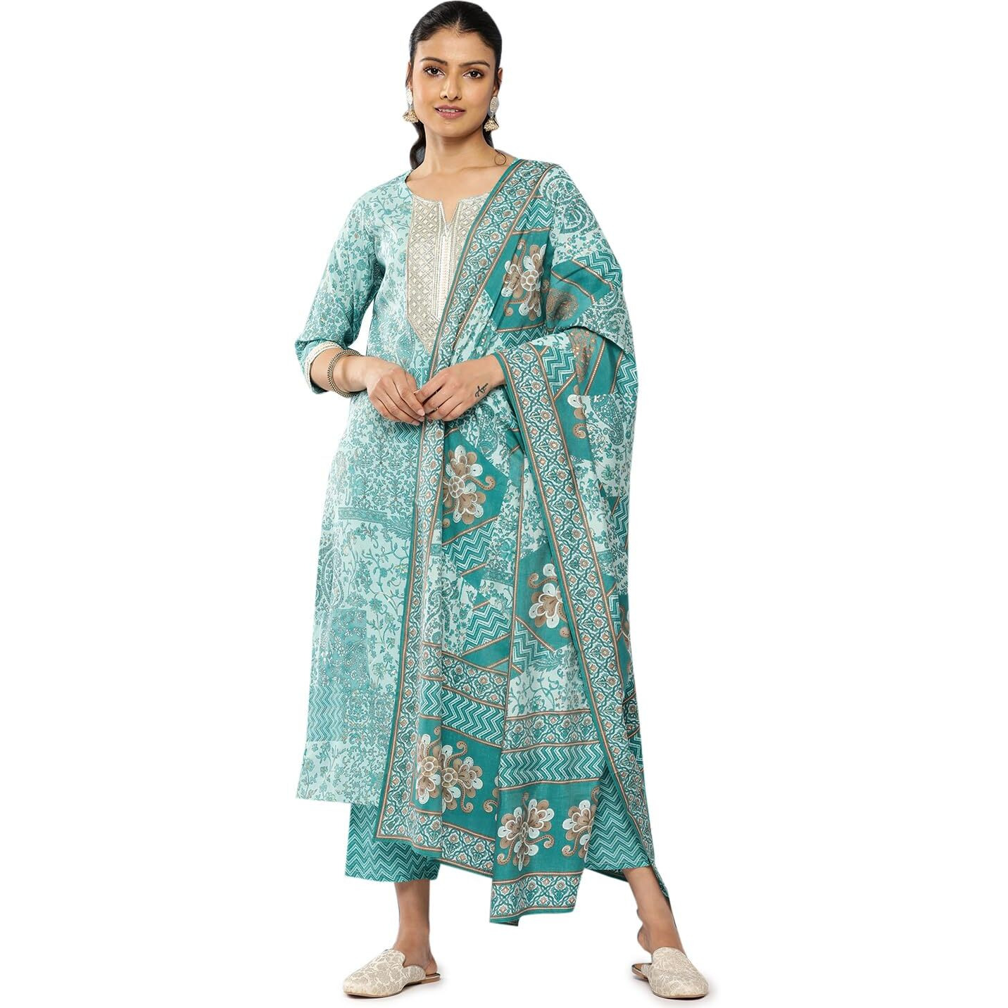 Libas Womens Yoke Design Silk Blend Straight Kurta With Trousers And Dupatta