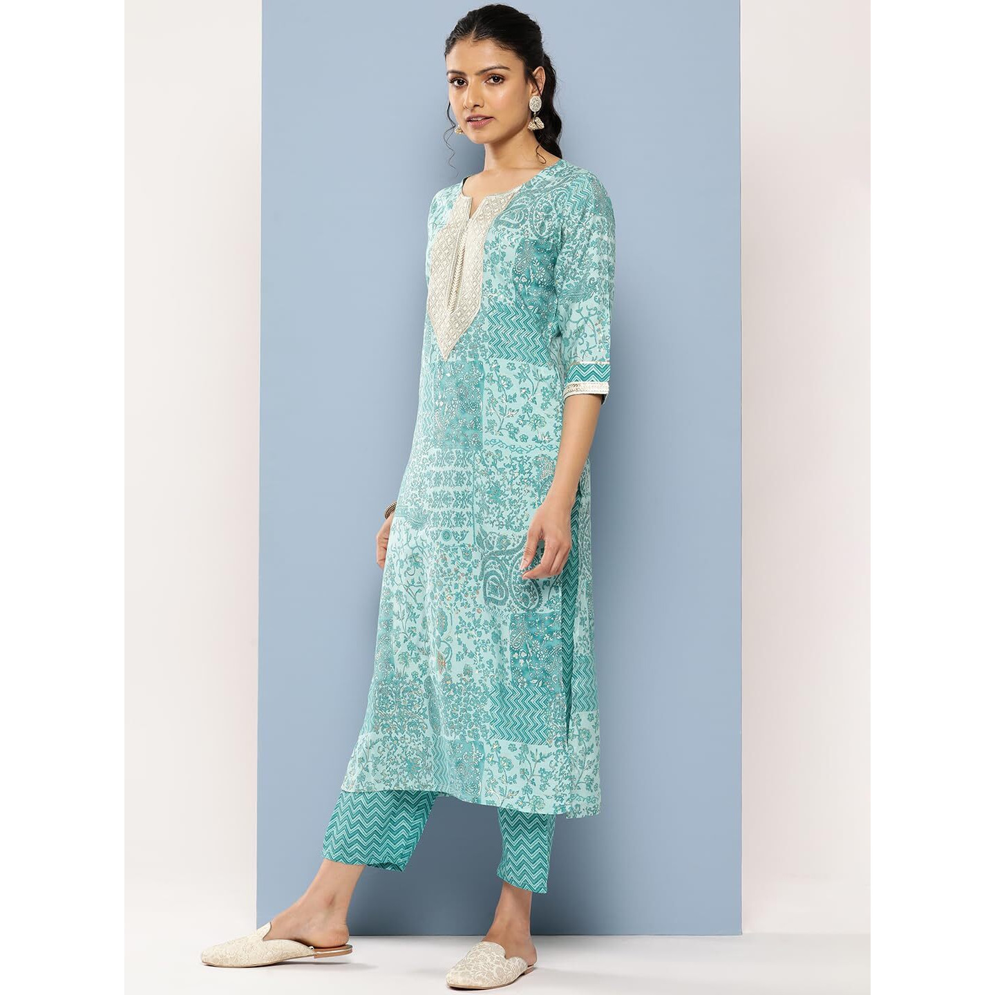 Libas Womens Yoke Design Silk Blend Straight Kurta With Trousers And Dupatta