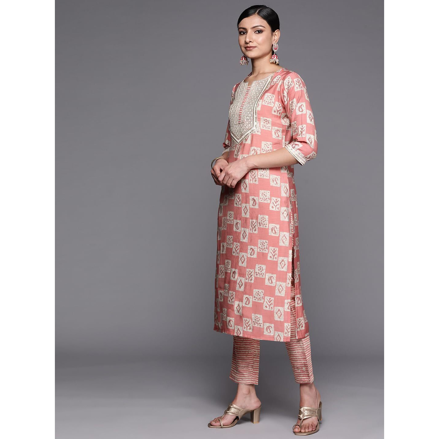 Libas Womens Yoke Design Silk Blend Straight Kurta With Trousers And Dupatta